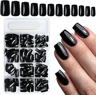 AddFavor 240pcs Black Press on Nails Medium Square Fake Nails, Glossy Acrylic Press on Nails Gel False Nails with Adhesive Stick for women