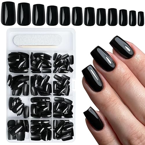 AddFavor 240pcs Black Press on Nails Medium Square Fake Nails,