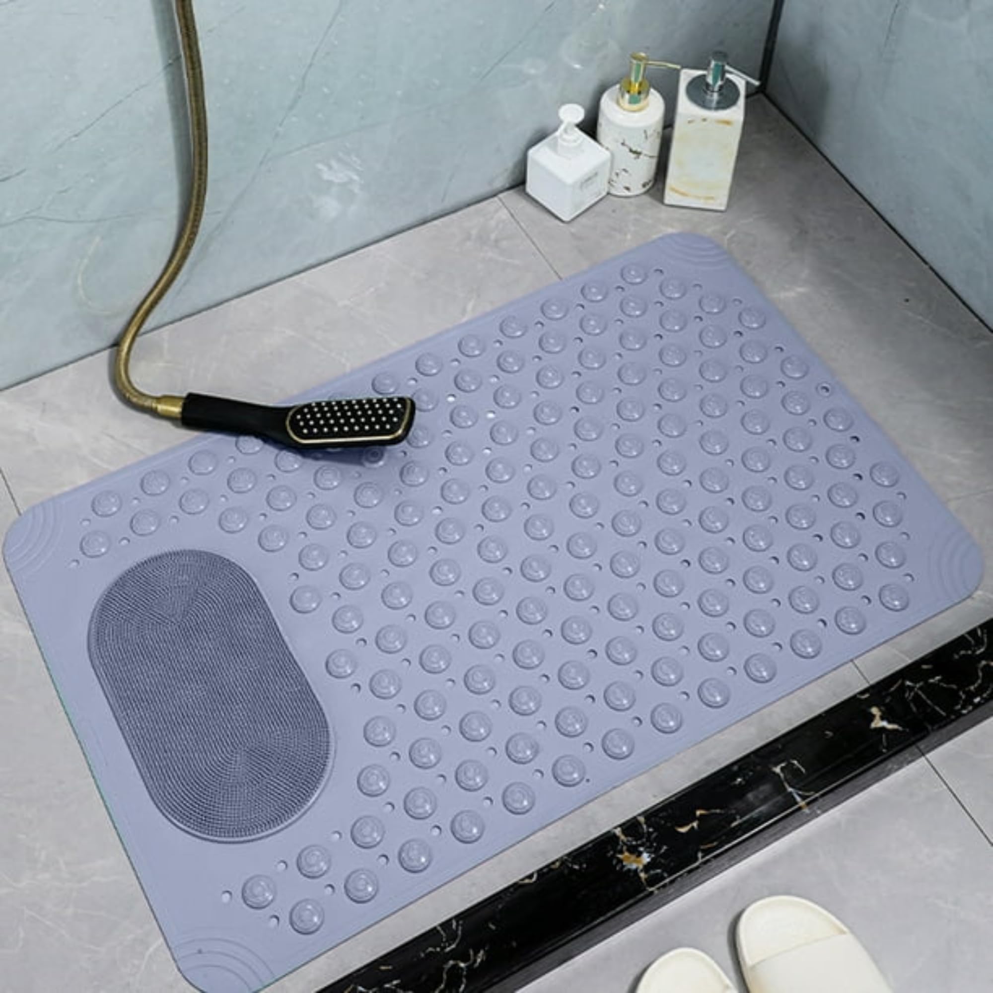 Anti-Slip Bathroom Mat with Suction Cups & Drain Holes - Foot Massage Non-Slip Bath Mat for Safety & Comfort Durable Quick-Dry Bathroom Floor Mat for Bathtubs & Showers (69x37cm Gray)