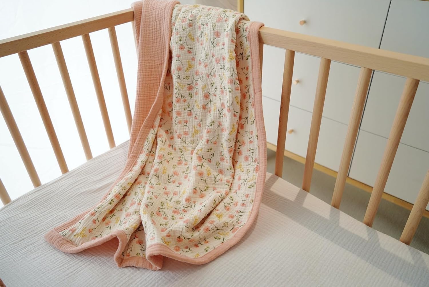 Little Jump Muslin Baby Blankets for Girls, Large 47" x 47" Cotton Crib Blanket for Baby Infant Toddler, Soft Breathable and Lightweight Toddler Quilt for Girls (Peach Floral) - Image 3