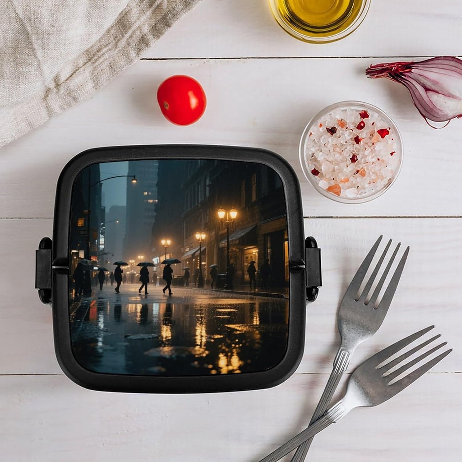 Rainy Night City Street Bento Box Double Layer Lunch Box for Adults with Spoon And Handle Bento Boxes Leakproof One-piece Stackable Lunchbox for Work Picnics And Travel