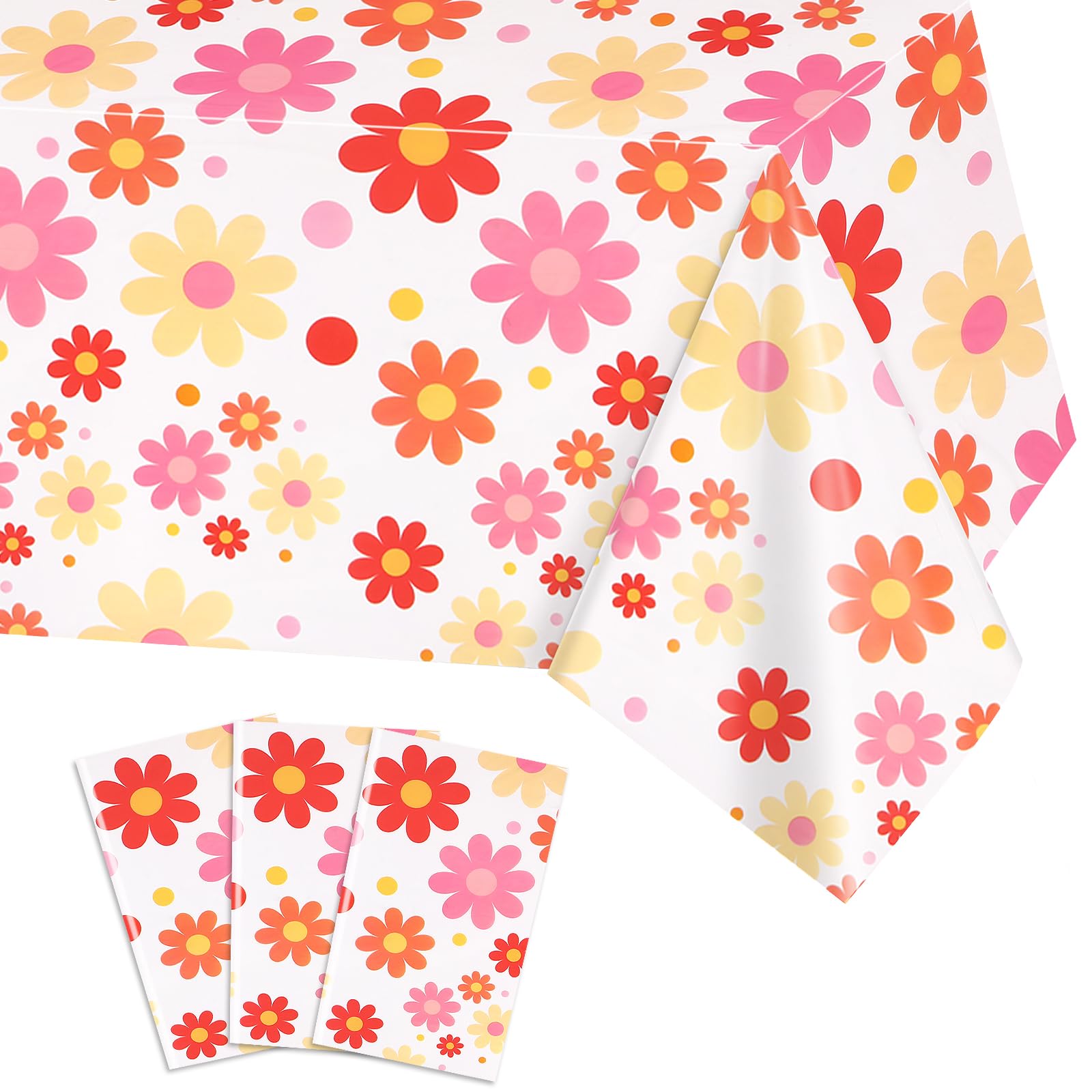 PHOGARY 3 PCS Groovy Party Tablecloth Decorations - Daisy Plastic Boho Spring Flowers Table Covers - Retro Hippies Disposable Rectangle 70s Boho
