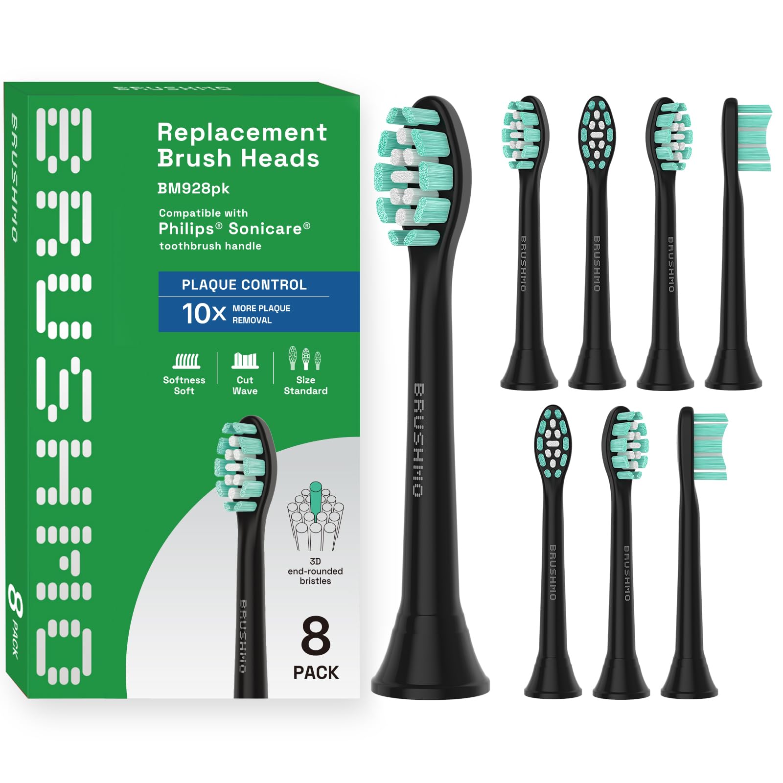 BRUSHMO（ブラシモ） Brushmo Replacement Toothbrush Heads Compatible for Philips Sonicare C2 Optimal Plaque Control HX9023/65, Black, 8 Pack