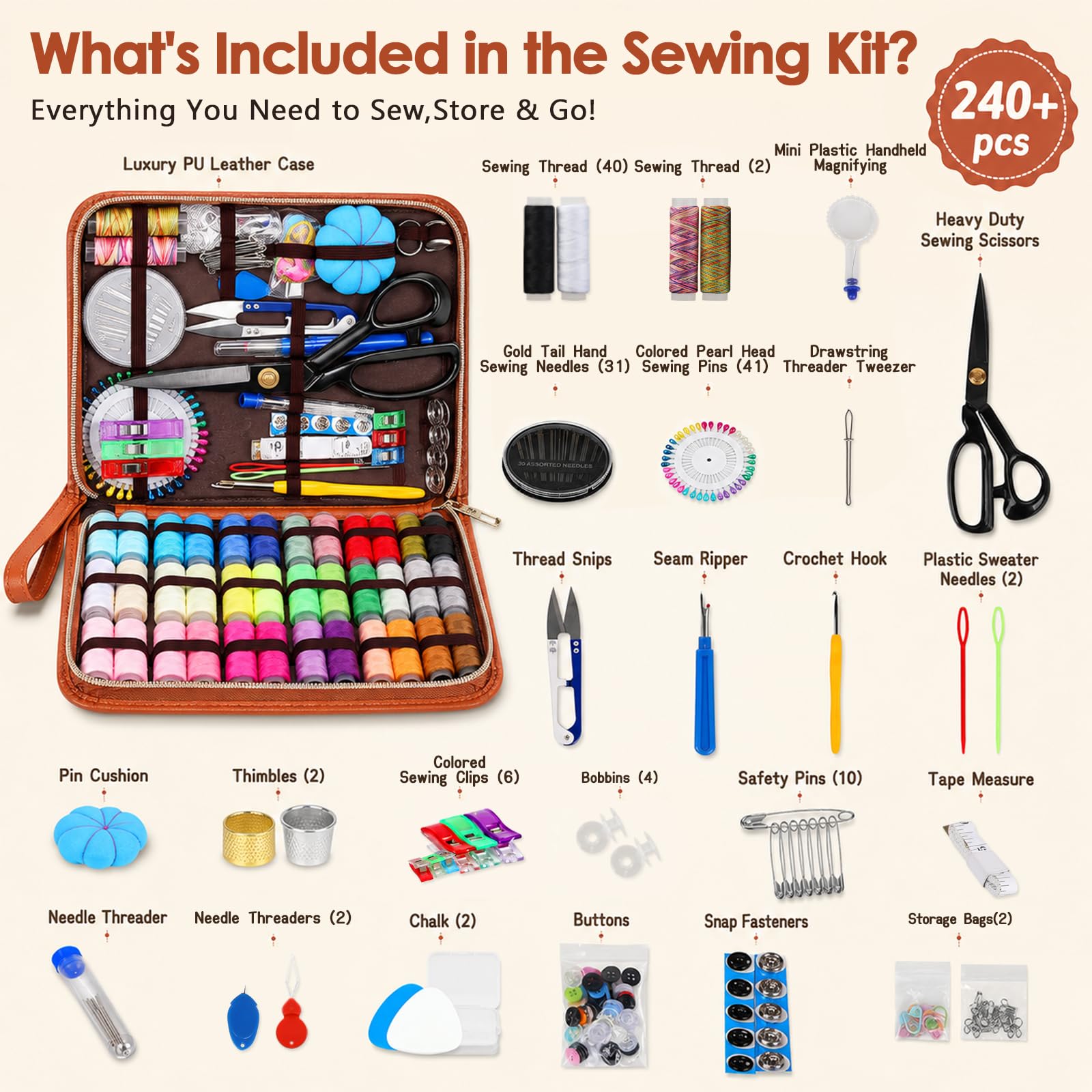 Hoarecal Kit de costura grande para adultos: 241 piezas de suministros de costura