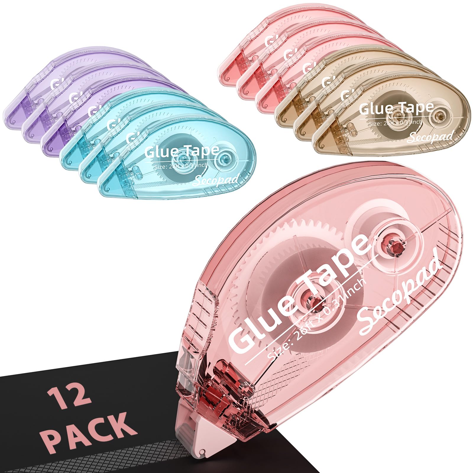 Secopad 12 Pack Scrapbook Tape, Double Sided Tape Roller for Crafts, Adhesive Glue Runner for Scrapbooking Journal Supplies, Glue Roller for School Office, 0.3IN x 26FT (Clear Light-Colored Shell)