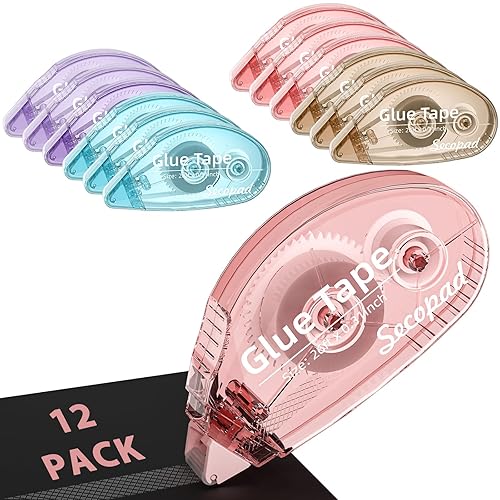 12 Pack Scrapbook Tape, Double Sided Tape Roller for Crafts, Adhesive Glue Runner for Scrapbooking Journal Supplies, Glue Roller School Office Teacher Supply for Kids and Adults, 0.3IN x 26FT