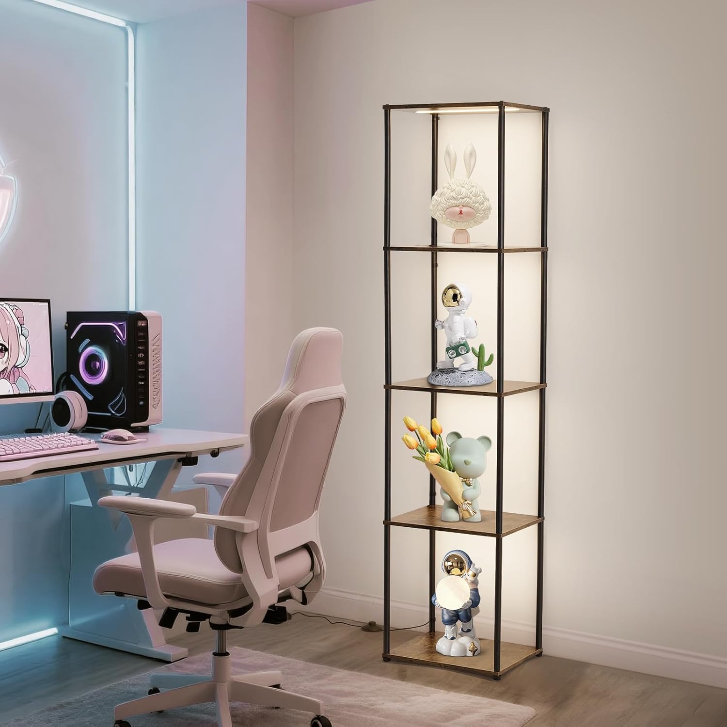 Tall Display Shelf with Lights, Dimmable LED Display Cases for Collectibles, Curio Cabinet with Adjustable Color Temperature, 5-Tier Corner Bookshef with Light, Floor Lamp with Shelves for Living room