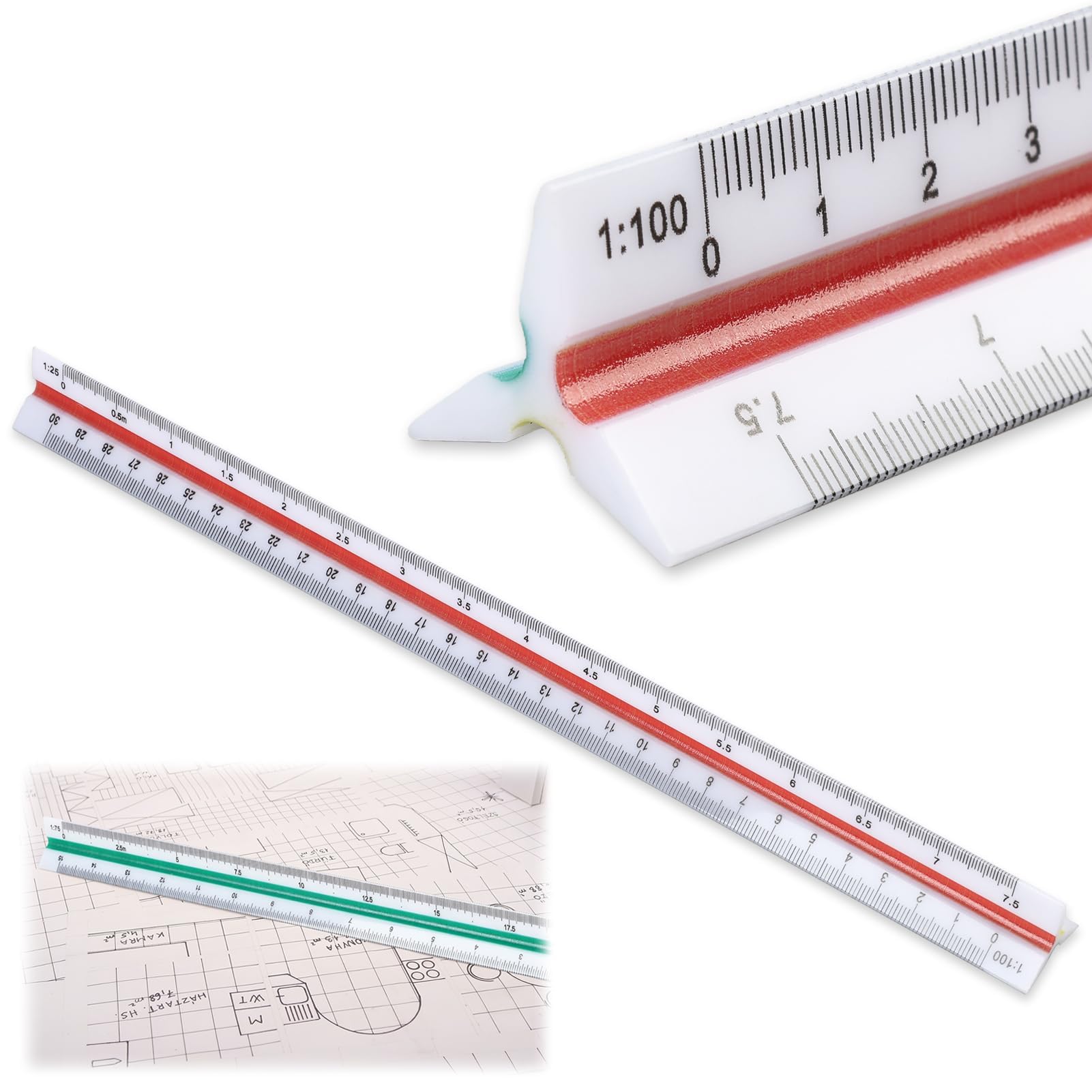 Regla de escala triangular de plástico de 30 cm, regla de escala arquitectónica para arquitectos, ingenieros, estudiantes y dibujo técnico, con escalas métricas 1:20 1:25 1:50 1:75 1:100 1:125