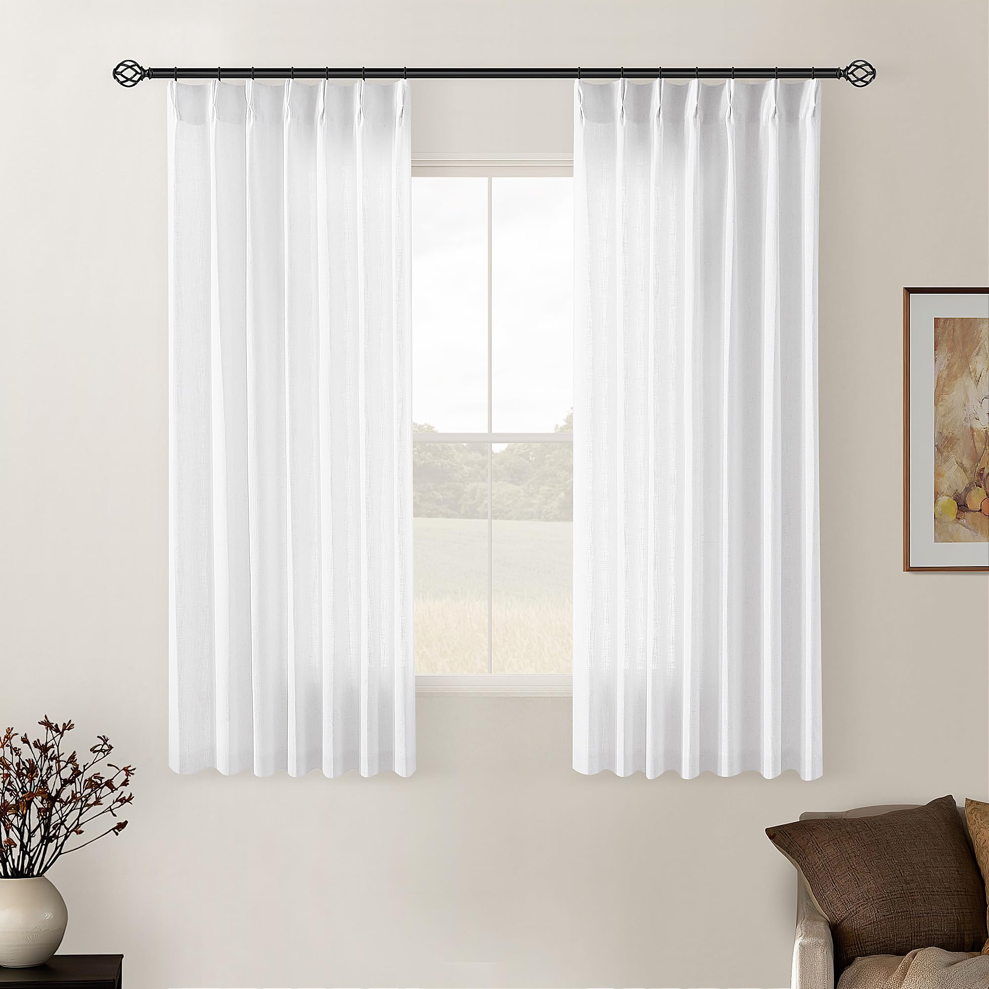 Snow White Short Pinch Pleat Linen Curtains 45 Inch Length 2 Panels Set