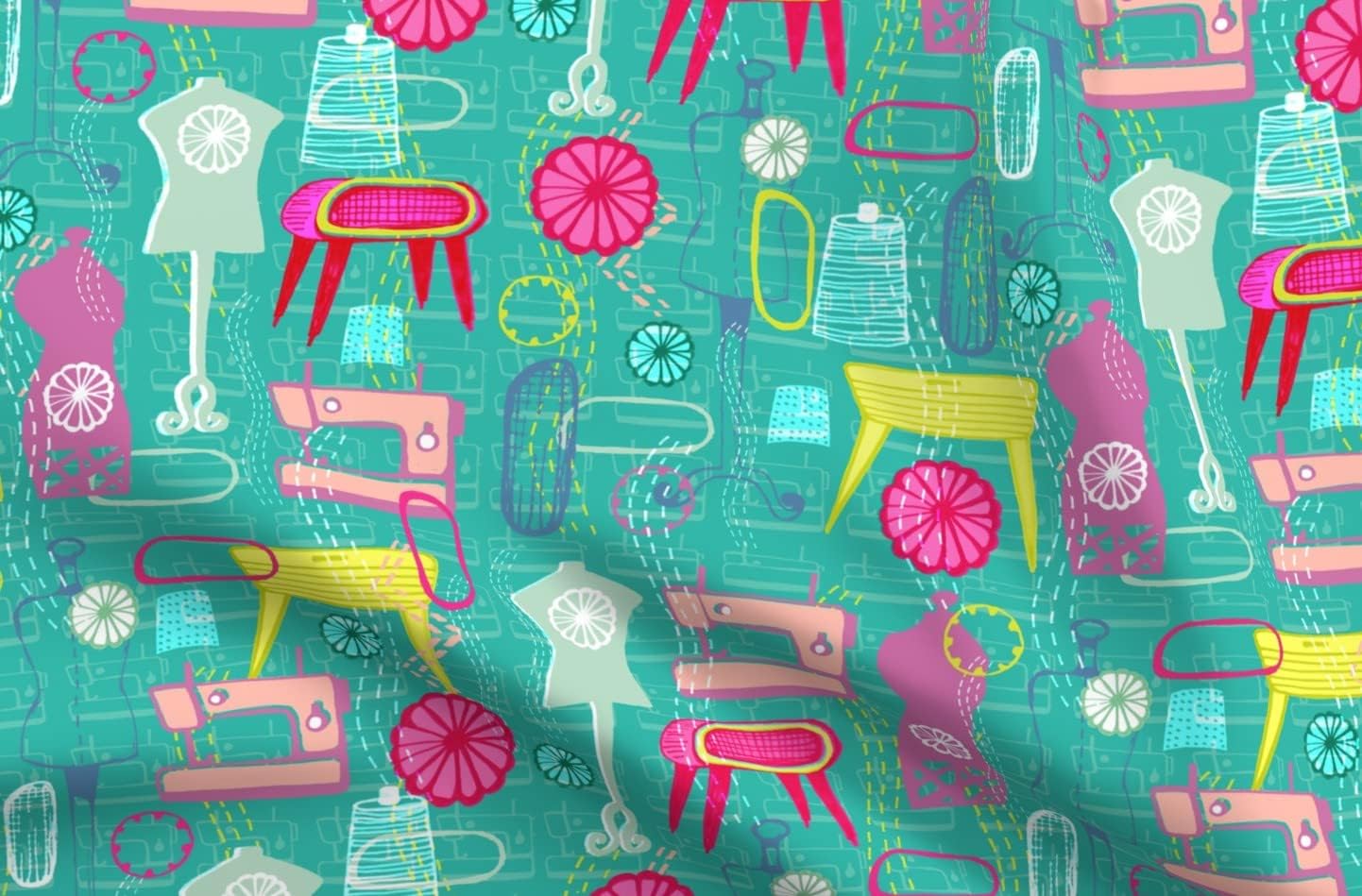 Spoonflower Fabric - Atomic Sewing Machine 1950S Notions Printed on Upholstery Velvet Fabric Fat Quarter - Upholstery Home Decor Bottomweight Apparel