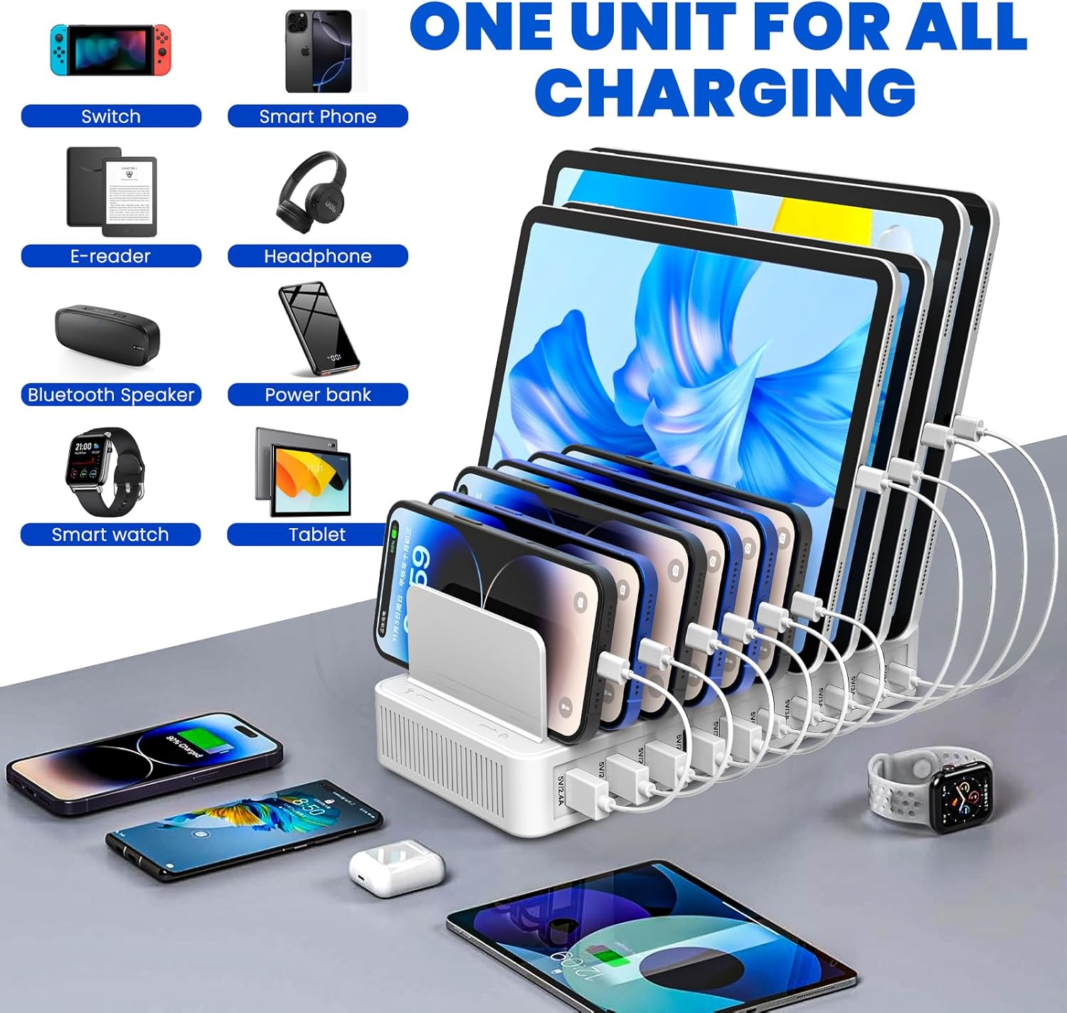 Charging Station for Multiple Devices, 100W 10 Ports Charging Dock with 10 Cables Smart IC Tech and Adjustable Dividers Type-C，Multi USB Charger for iPhone Galaxy iPad Tablet，White