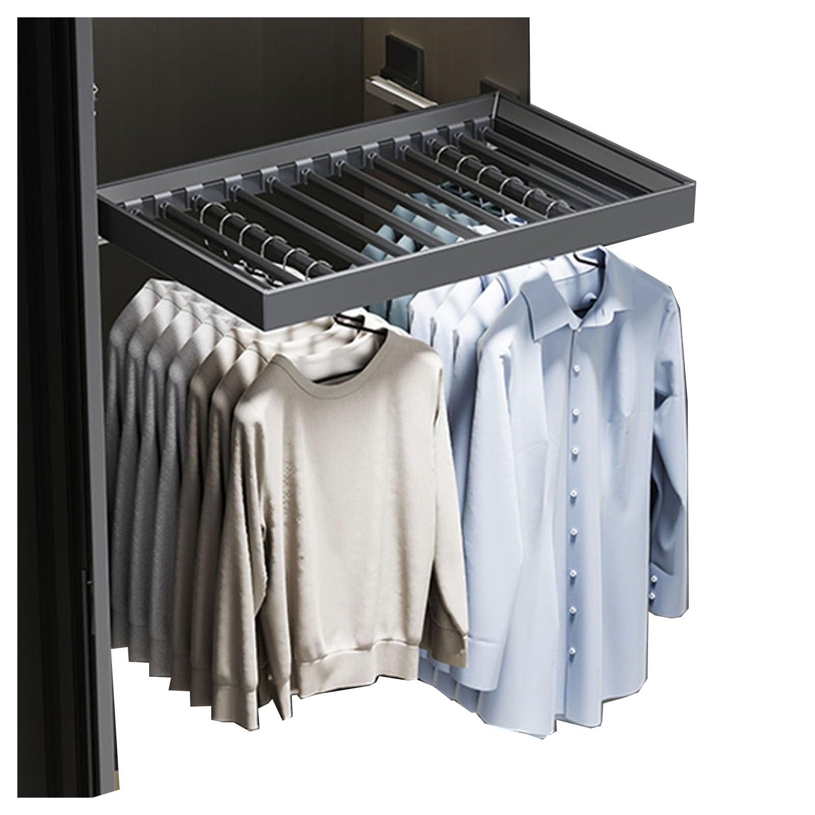 OLSKFUH Pull-Out Trouser Rack Removable Pull-Out Rack Wardrobe Storage Expandable Space Saving Drawer-Style Hanger Rod Rolling Trolley,Adjustable Mobile Pants Rack, Pull-Out Han,Grey-514-564mm