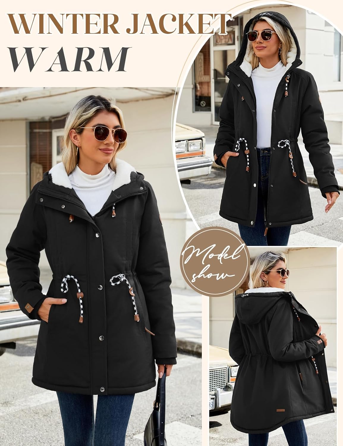 UMIPUBO Women's Winter Fleece Lined Sherpa Parka Jacket Warm Thicken Fuzzy Hooded Down Coat Casual Plush Drawstring Outerwear - Image 3