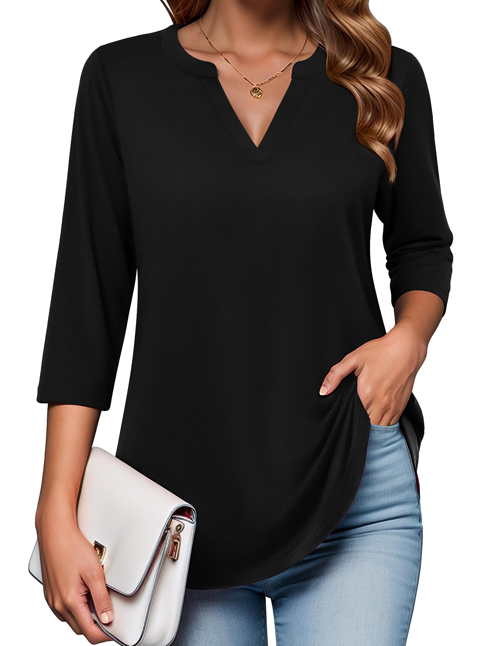 Zeagoo Womens 3/4 Length Sleeve Tops V Neck Tunic Casual Dressy Blouse Floral Printed Shirts