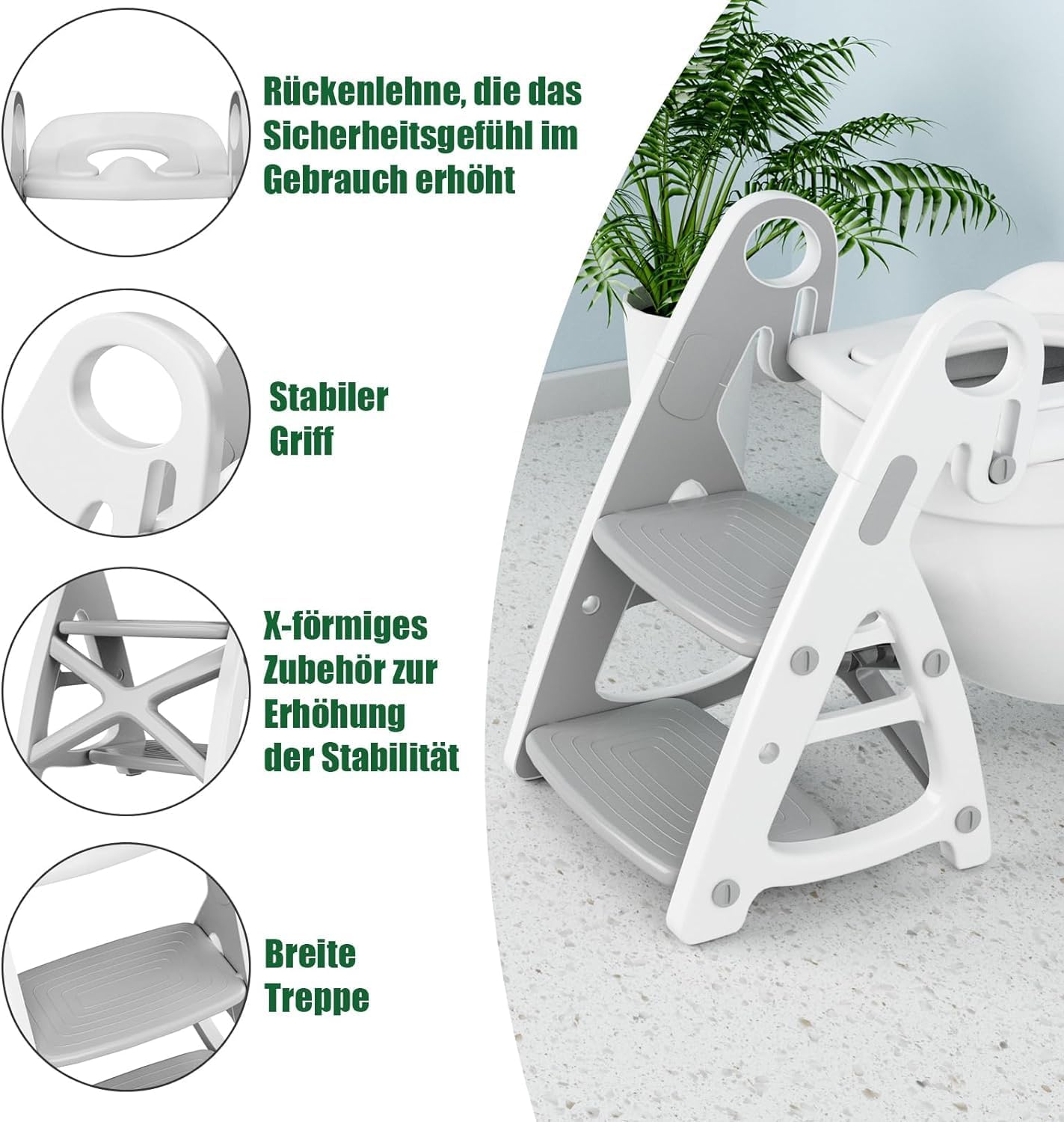 Baby-Toilettensitz 2 in 1 mit Treppe, Stabile Dreieckige Struktur, Kinder Tritthocker, Faltbar Töpfchentrainer mit verstellbarem Pedal und Sitzhöhe, mit großes Pedal und Griffe, PU-Futter, Grau