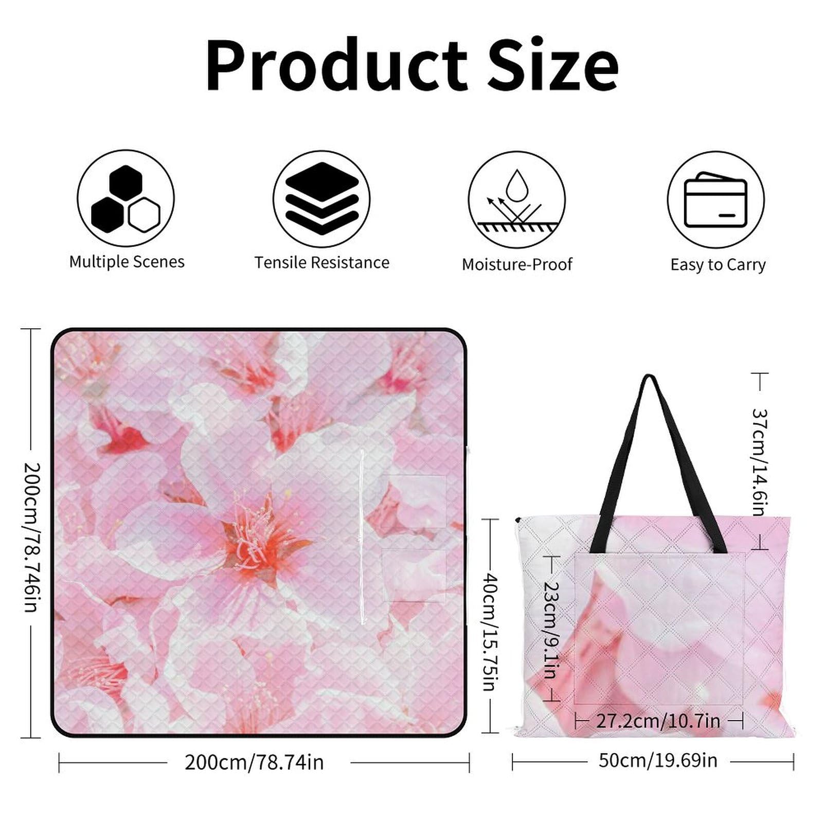 3D Stampa Fiore di pesca rosa Coperta Picnic Impermeabile Plaid Pic Nic Pieghevole Tappeto Pic Nic Per Pic-nic, Spiaggia, Campeggio, Parco, Giardino, Estate 200x200cm