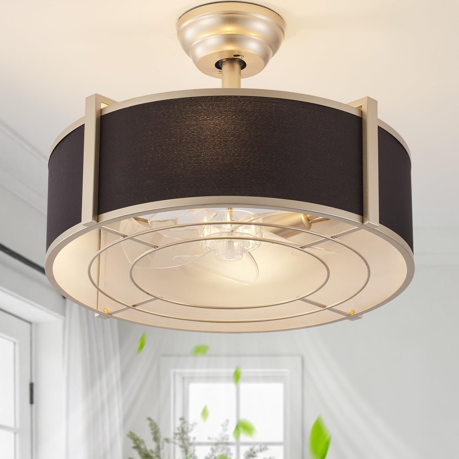 Photo 1 of SYDACG 20" Caged Ceiling Fans with Lights, Black and Gold Fandelier Ceiling Fan with Light, Farmhouse Rustic Chandelier Fan Remote Control, 6 Speeds for Bedroom, Nursery, Living Room