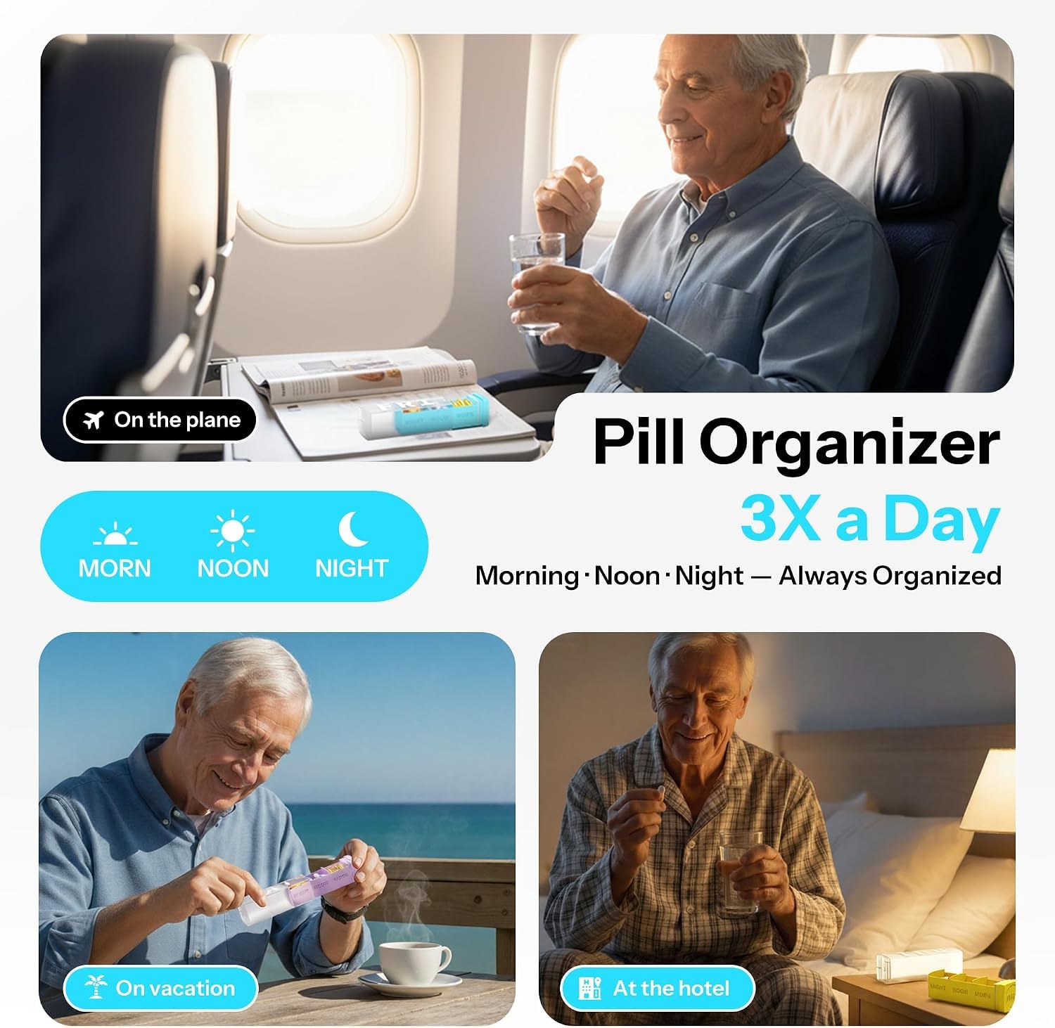 Betife Grand pilulier hebdomadaire 3 fois par jour, amovible, 7 jours, pilulier quotidien 3 fois, pilulier de voyage, distributeur de médicaments hebdomadaires pour supplément de vitamines (blanc)