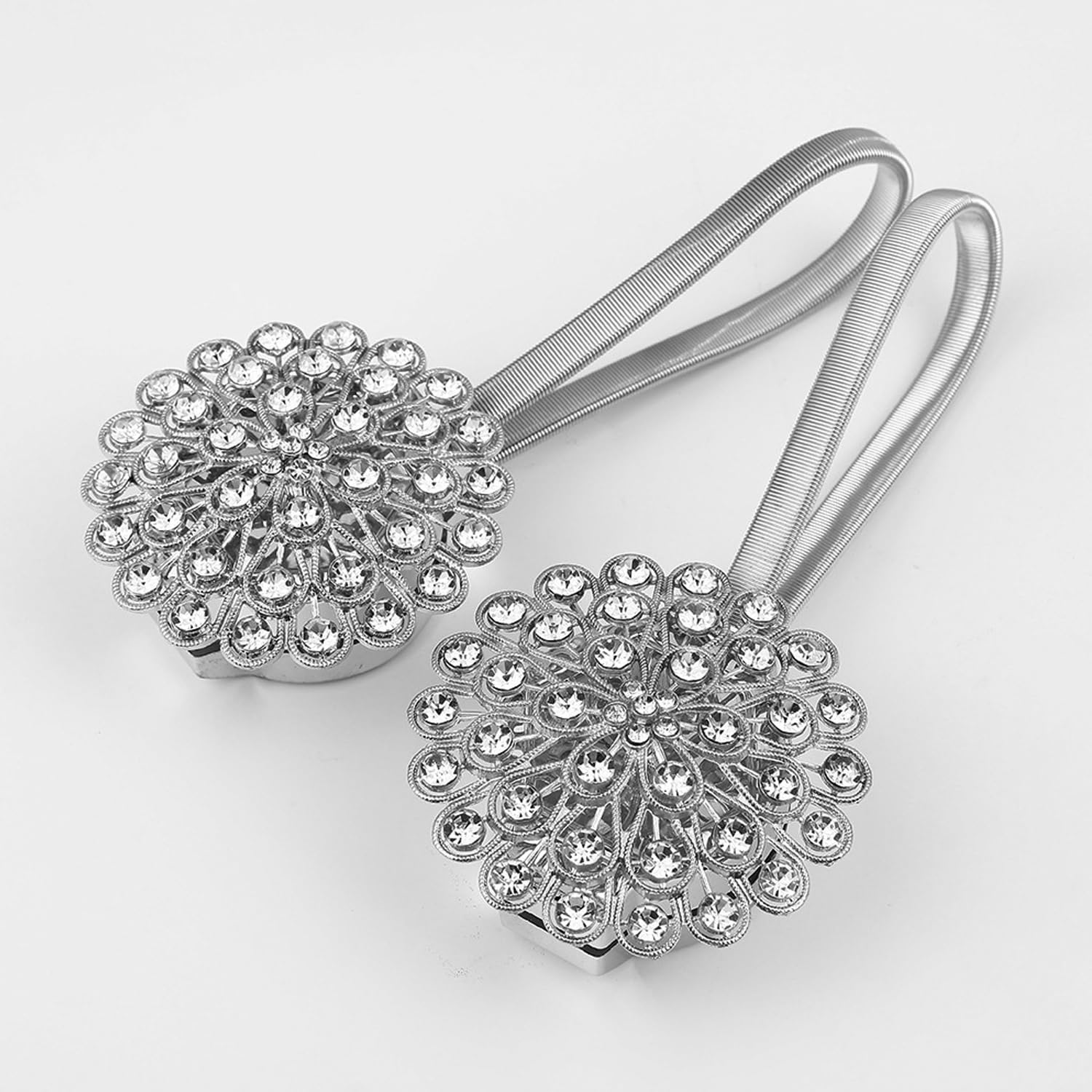 Magnetic Curtain Tiebacks ?tie Backs for Curtains 2 Pack Crystal Flower Curtain Clips for Home Office Decoration Holdbacks (Silvery Crystal)
