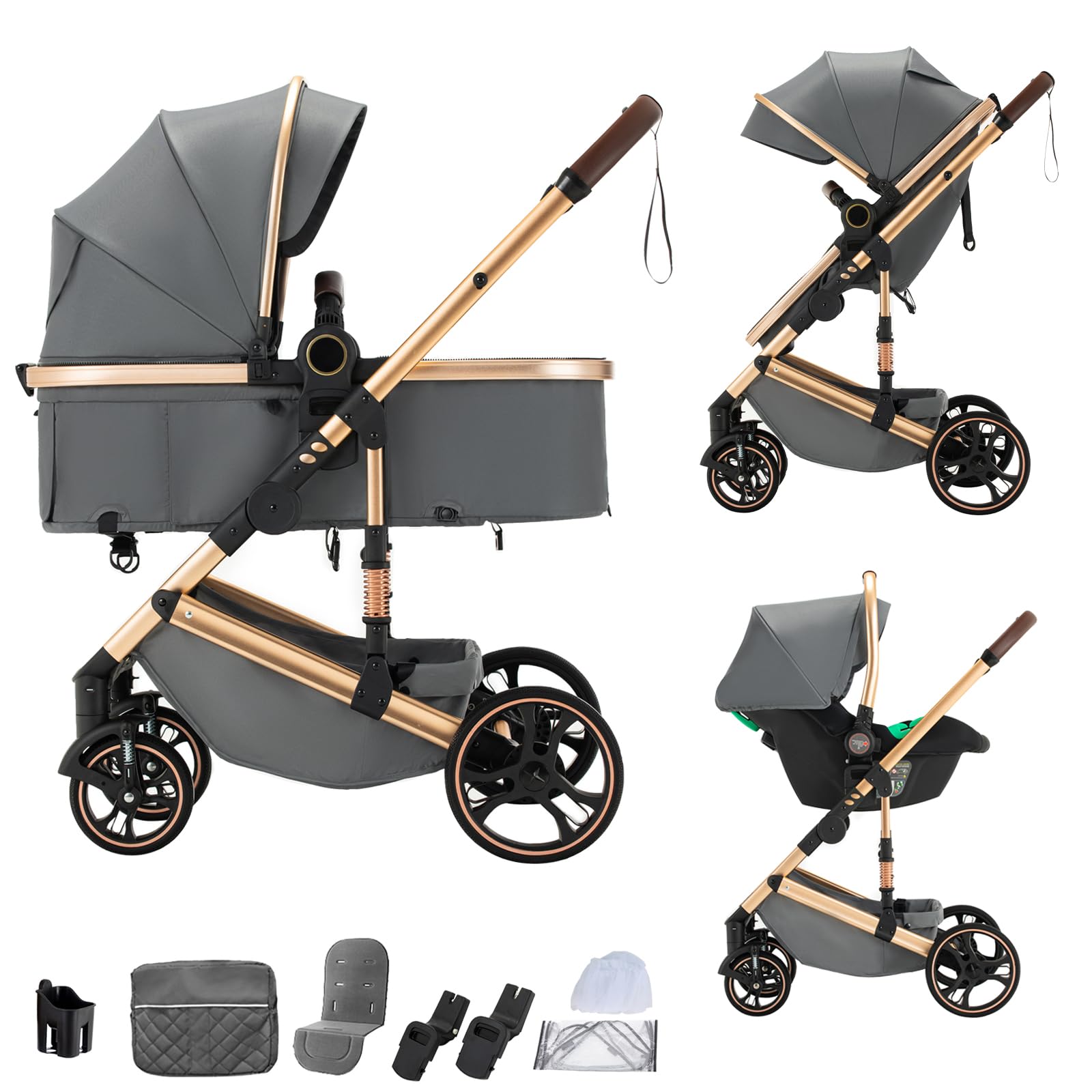BEBBY Carrito Bebe 3 en 1, Cochecitos Combinados Portátil Plegable，3 Piezas Empuje Bidireccional Reversible, Cochecito Bebe Marco de Aleación Aluminio (H9-DARK GREY, H9)