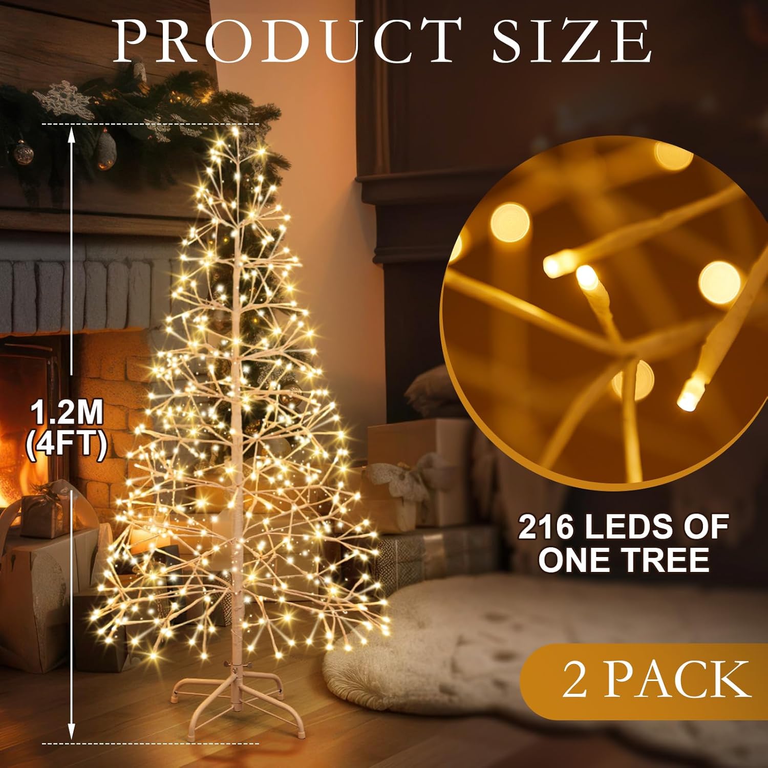 4 Pcs 4FT Lighted Birch Tree with 216 LEDs Twig Trees Warm White Lights Decor for Indoor Outdoor Thanksgiving Christmas Holiday Party Wedding Festival Home Decoration