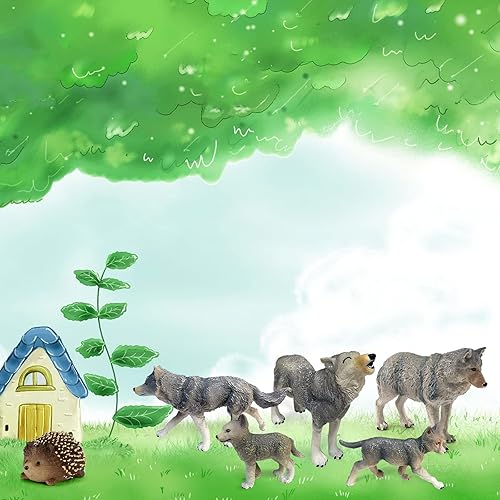 Miniatura 4 de LC JoyCre Juego de 6 figuras de juguete de lobo, figuras de animales de lobo, figura de erizo, diorama, juguete educativo para decoración de tartas,