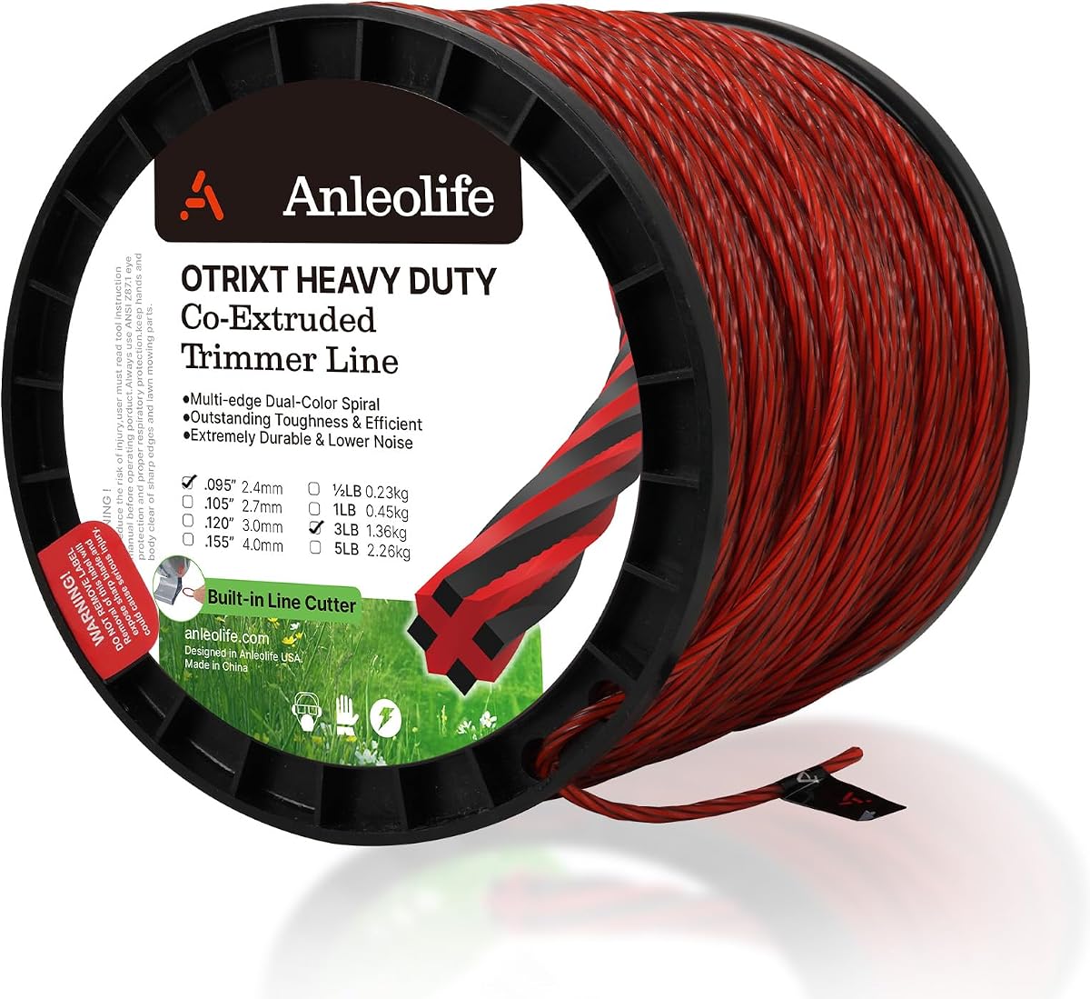 Anleolife .095" Octa-Twist Weed Eater String, Heavy Duty, 921ft 3 lb Spool | Bulk .095 Replacement Trimmer Line with OTRIXT Co-Extruded Dual-Color Spiral for Tall Grass and Fence-Line Cleanup