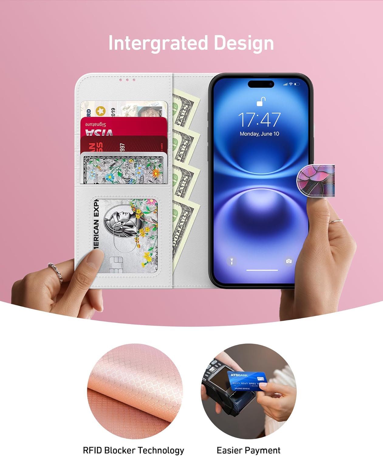 DEENAKIN for iPhone 16 Wallet Case with Card Holder + Cash Clip, RFID-Blocking, Military-Grade Drop Protection & UV-Printed Artwork, Magnetic Closure with Leather Kickstand - Blooming Lotus - Image 2