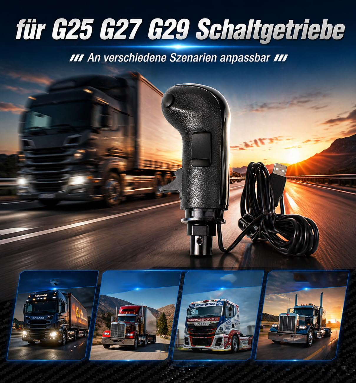 USB 18‑Gang Schaltknauf mit High/Low Range & Splitter – kompatibel mit Logitech G29/G27/G25/G923 Shifter – Plug & Play, nur PC, 3 Funktionstasten, M8/M10/M12 Adapter, für ETS2/ATS, Schwarz