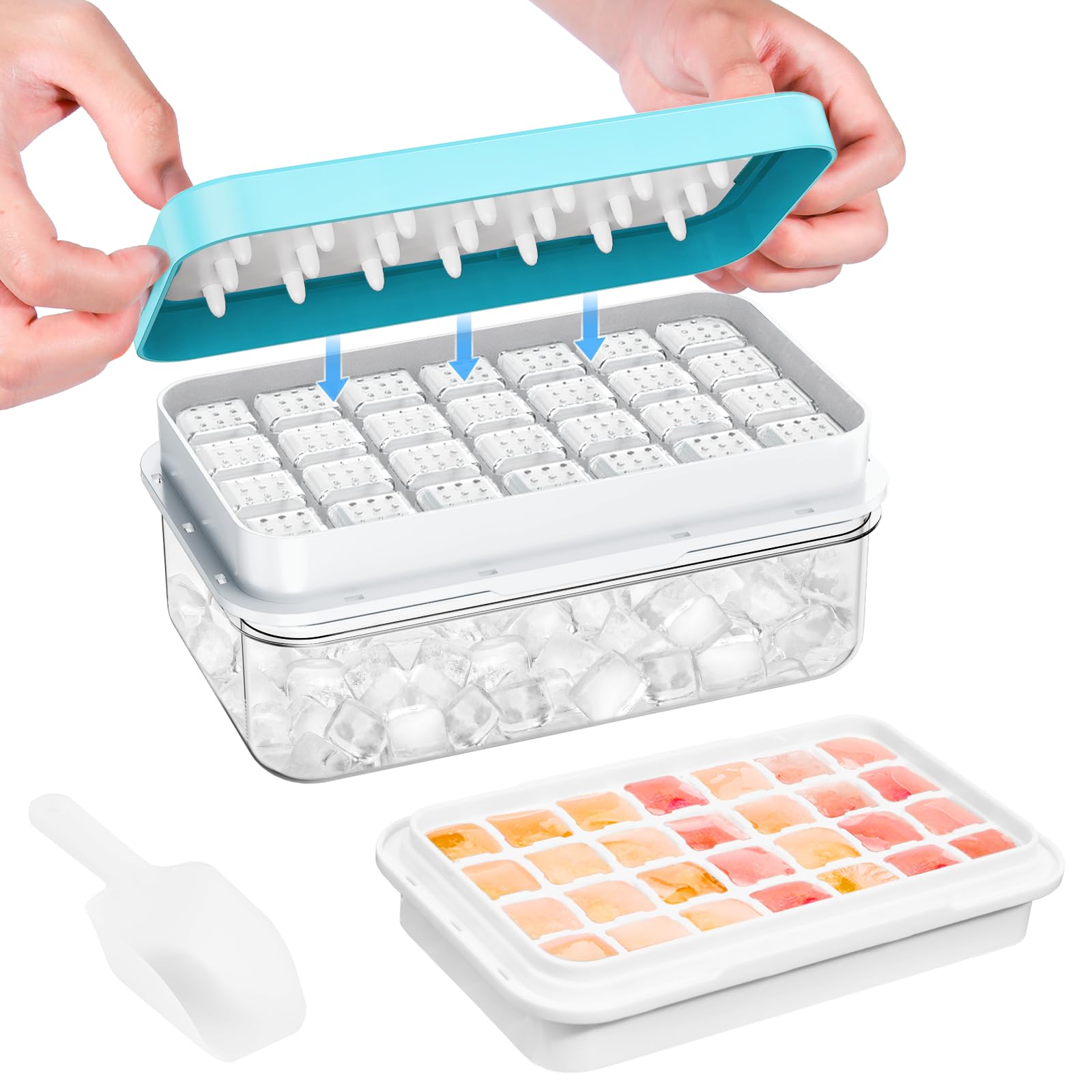 Ice Cube Tray with Lid and Bin, 28 pcs Ice Cubes Molds, Ice Trays for Freezer, Ice Cube Tray Mold, with 1 tray, Ice Freezer Container, Spill-Resistant Removable Lid & Ice Scoop, for Whiskey,Cocktail