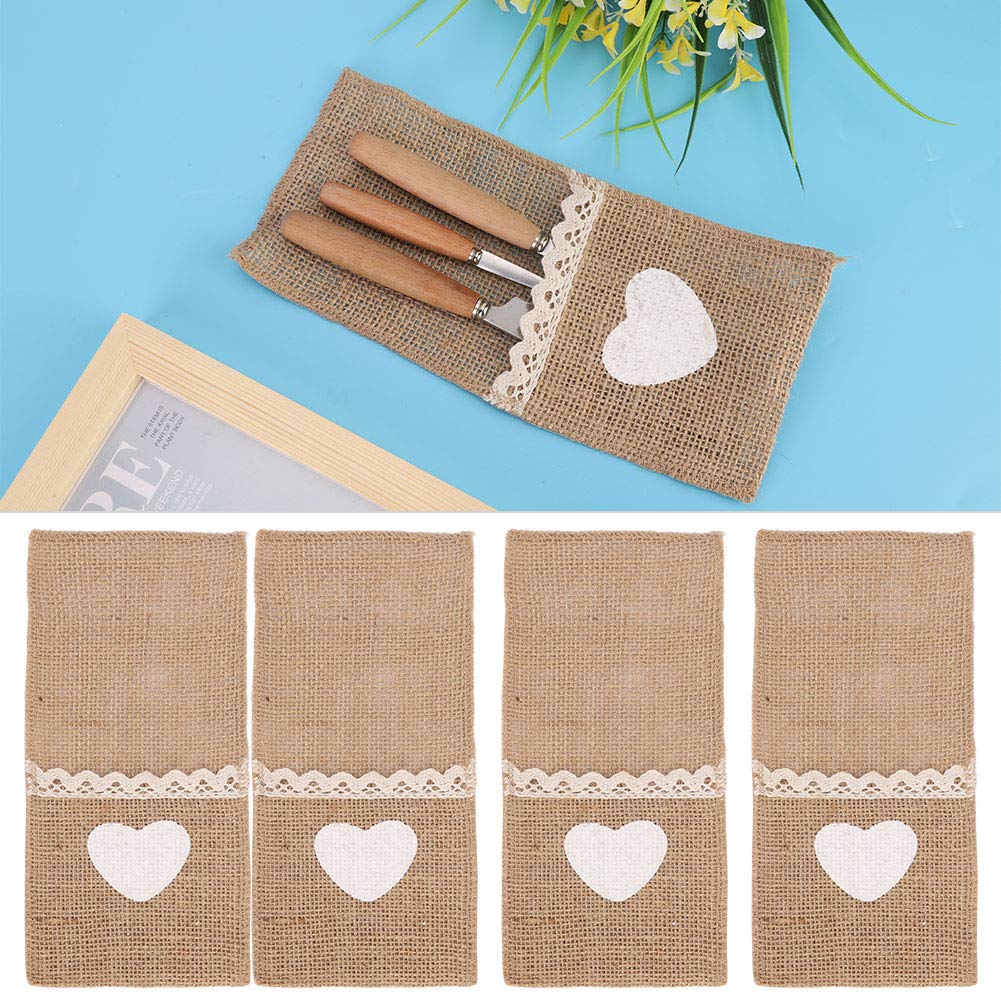 Burlap Lace Utensil Holders, Knife Fork Bag Burlap Knife Fork Pocket Pouch 10PCS Jute Lace Cutlery Holder for Wedding Christmas Party Decor (Love tableware bags)