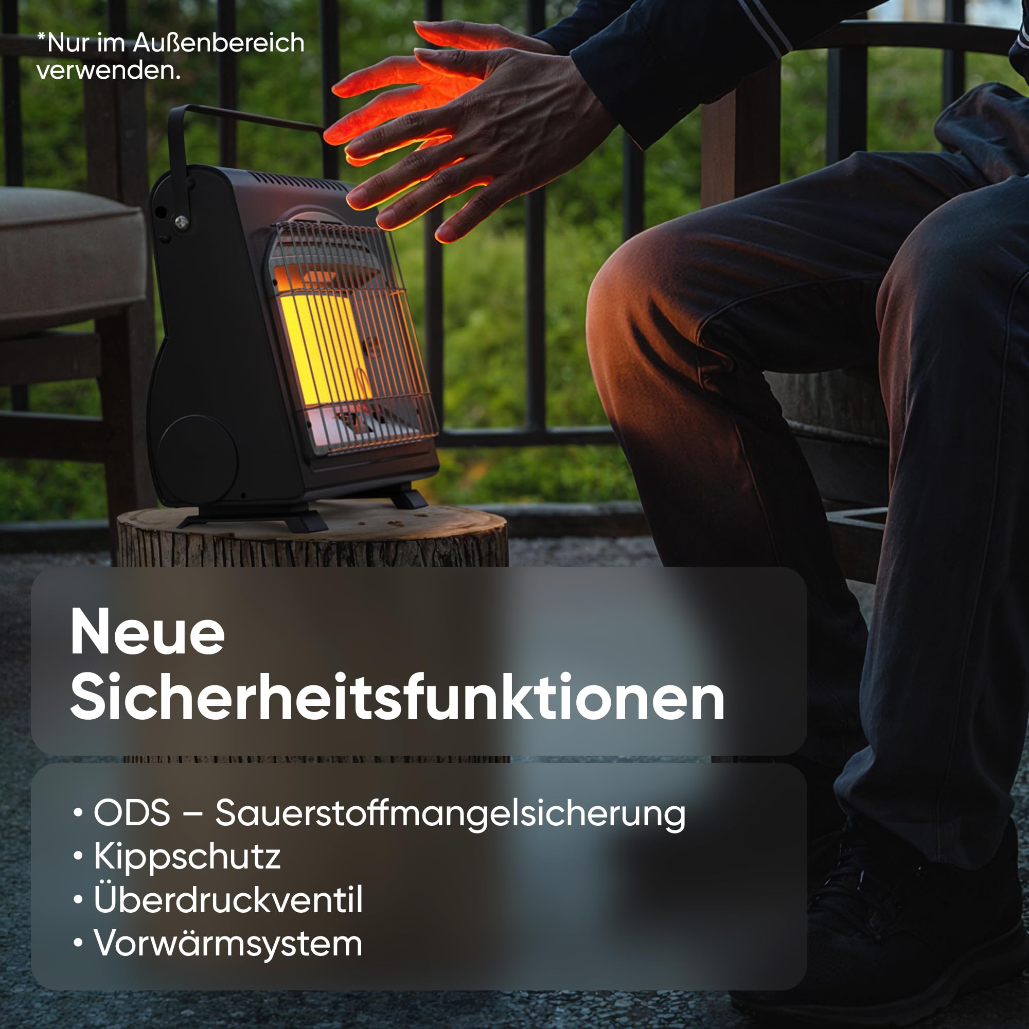 EVOCAMP Tragbare Gasheizung, Camping Heizung 1,7 kW, multifunktionale Keramikheizung, perfekte Gasheizung für den Outdoor-Einsatz mit ODS (Sauerstoffmangelsicherung), Heizstrahler, Zeltheizung