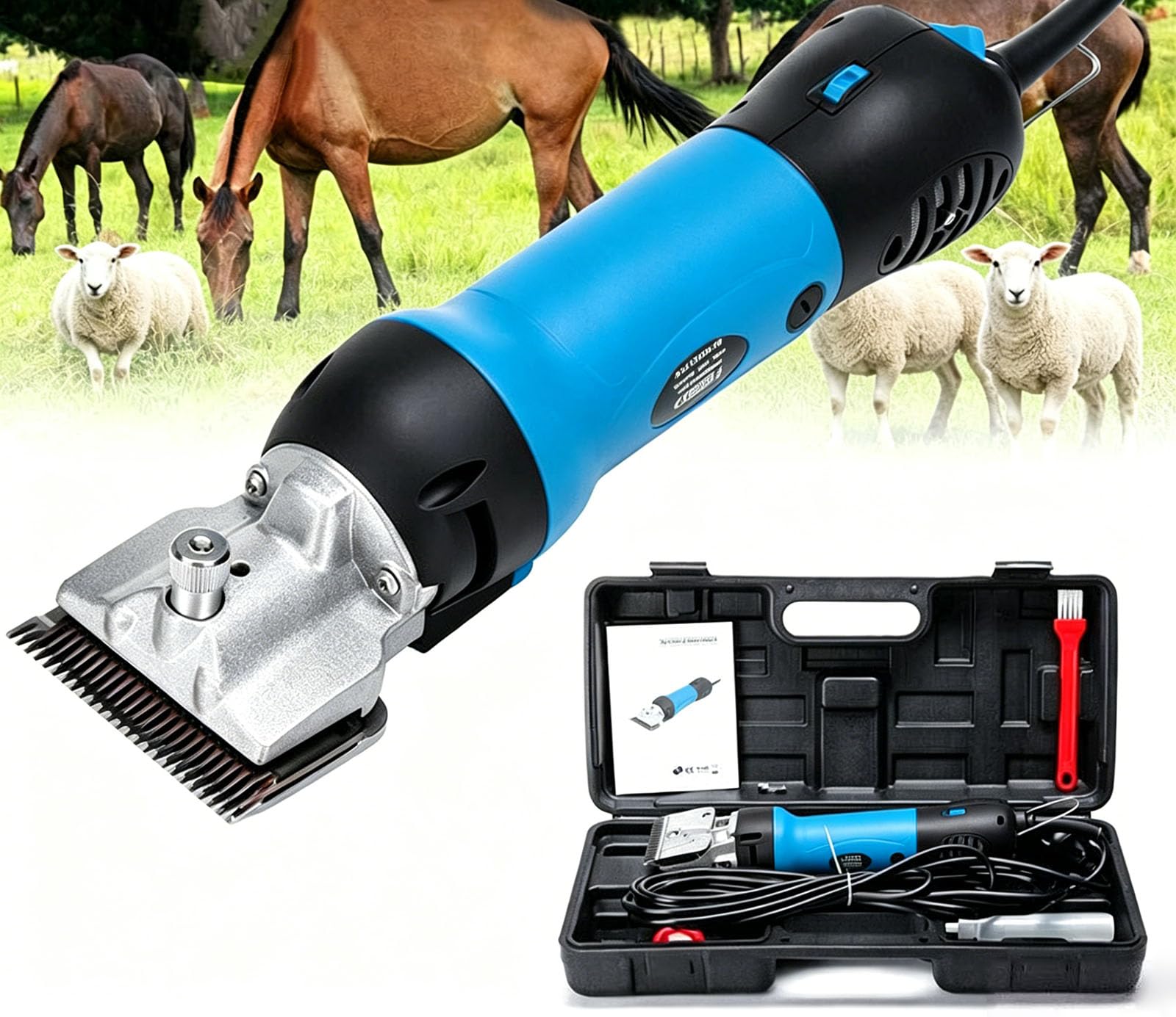 Tosatrici elettriche per cavalli, kit professionale per toelettatura peli animali con 6 velocità regolabili, cesoie per bestiame a basse vibrazioni, trimmer resistente per cavalli, pecore, bovin Blue