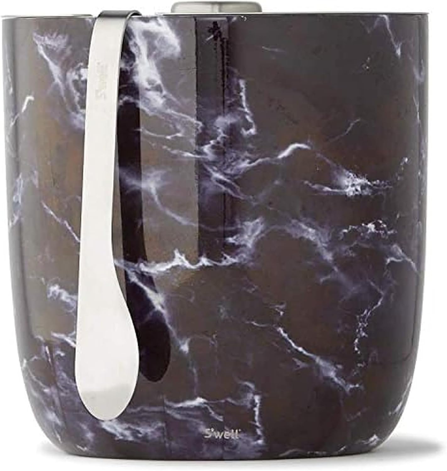 S'well Stainless Steel Ice Bucket with Tongs - Holds 68oz of Ice - Black Marble - Triple-Layered Vacuum-Insulated Container Designed to Keep Ice Colder, Longer - BPA-Free Designer Barware Accessories