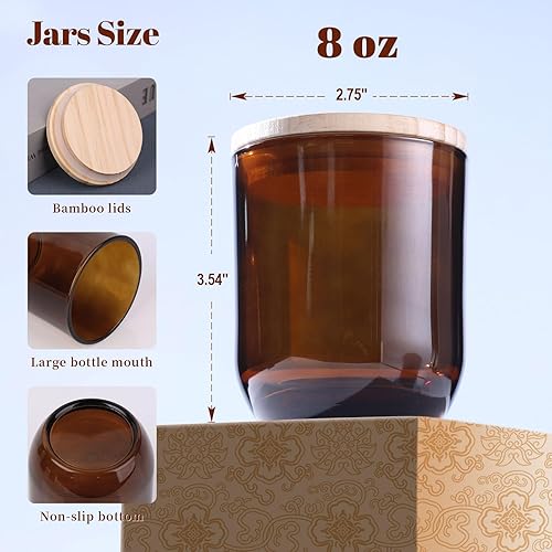 Miniatura 2 de LETINE 12 tarros de vela de vidrio ámbar de 8 onzas con tapas, kit de fabricación de velas de primera calidad, recipientes herméticos con tapas para