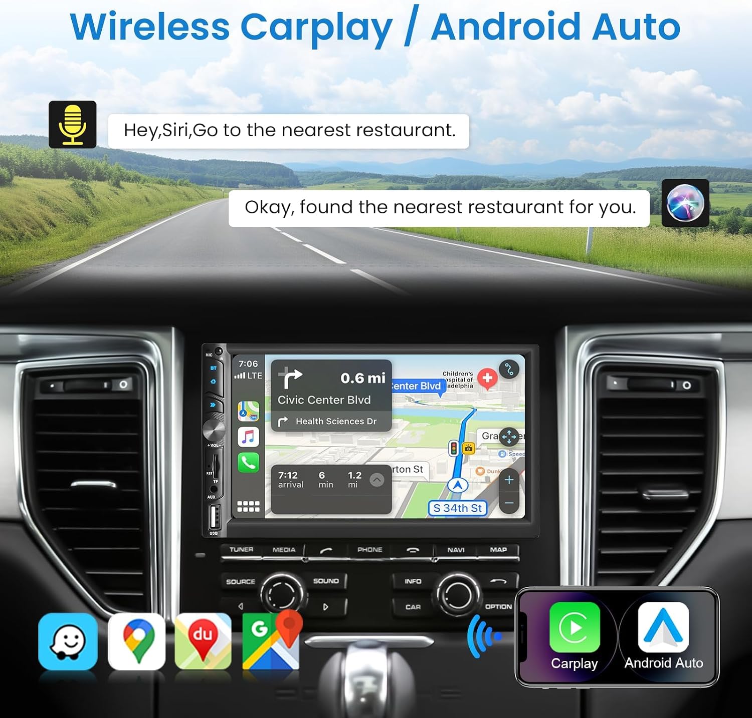 Dachboard view showing the car stereo displaying a navigation app via Wireless CarPlay or Android Auto, with voice command prompts.