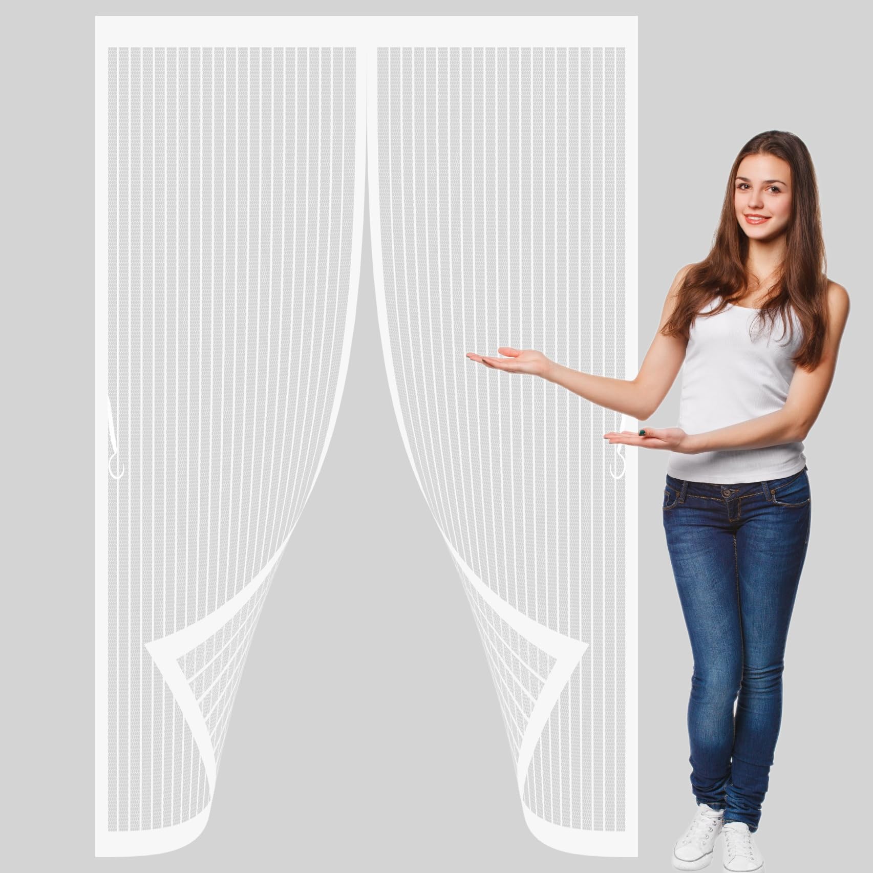 Fly Screens for Doors 120 x 210 cm with Powerful Magnets & Full Frame Magic Tape No Gap, Lets Fresh Air in, Keep Bugs Out Patio Door Nets Insect Mesh for Patio Doors Bedroom, White