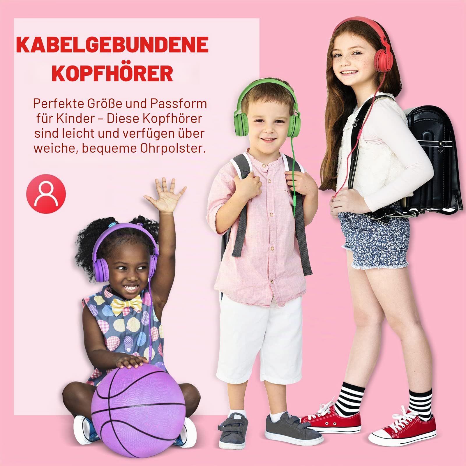 Rockpapa 952 Kinder Kopfhörer mit Kabel, Kopfhörer Kinder Mädchen, HD Mikrofon, Klinke 3.5 mm, Faltbare, On Ear Kopfhörer für Schule/Reise/Handy/Tablet/PC, Schwarz Rot