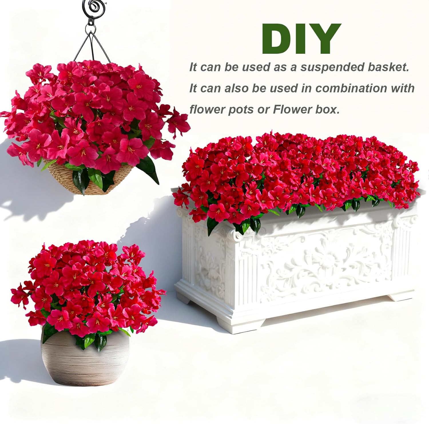 Artificial Azalea Flowers for Outdoors 4 Bundles Fake Silk Azalea Bouquet Faux Flower Plants Realistic Fake Flowers for Planter Front Door Patio Garden Box Balcony Walkway Home Decor (Rose Red)