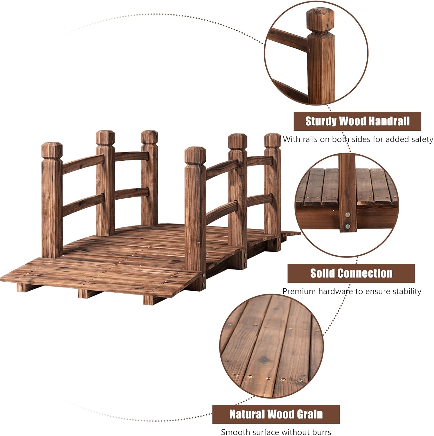 5' Garden Bridge Wooden Stained Finish Decorative Solid Wood Garden Pond Arch Walkway Backyard Bridge with Railings