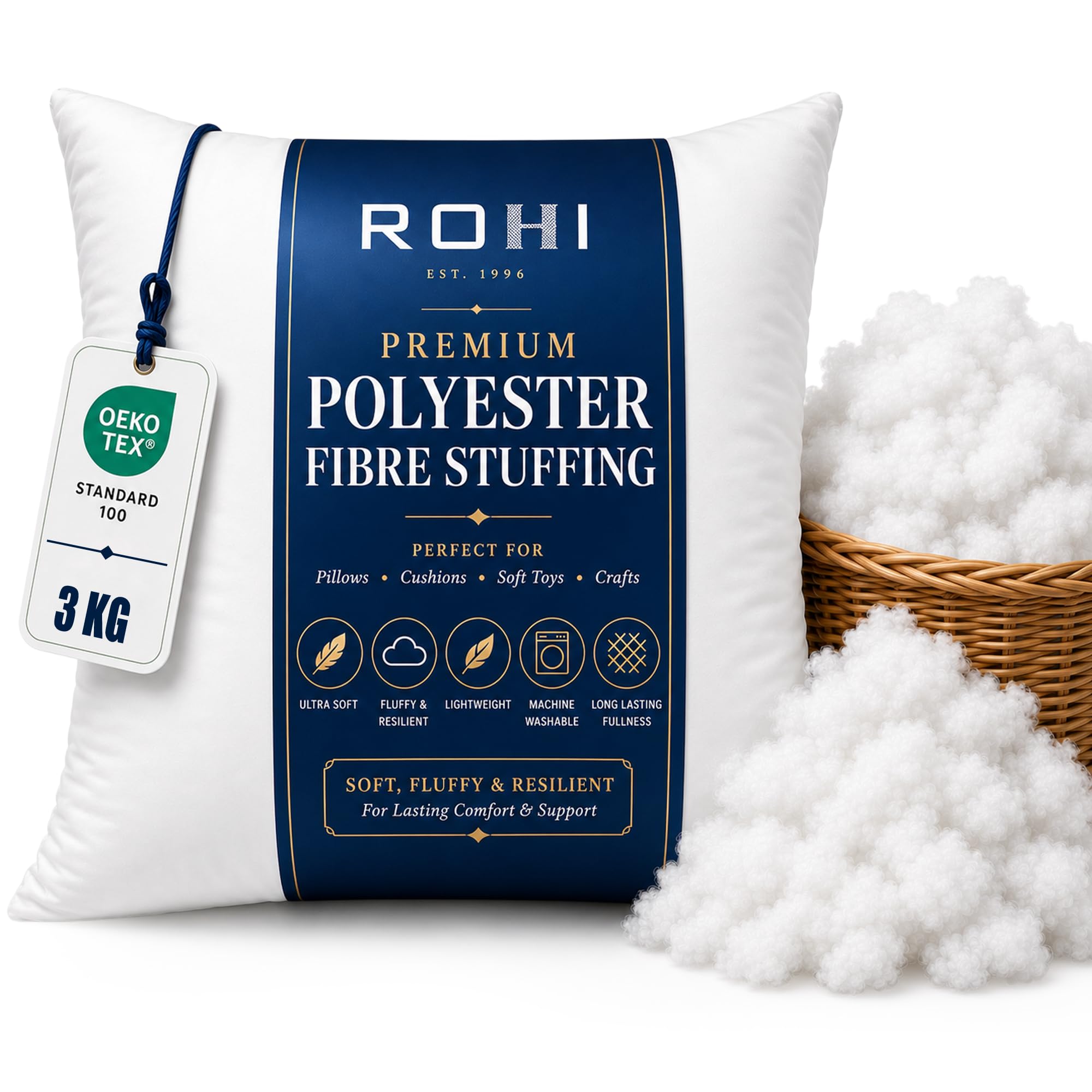 Rohi 3KG Toy Stuffing for Knitted Toys | 100% Virgin Hollowfibre | Fluffy Soft Teddy Stuffing for Crafts, Crochet, Cushions & Pillow Stuffing | Hypoallergenic & Breathable Cushion Filler