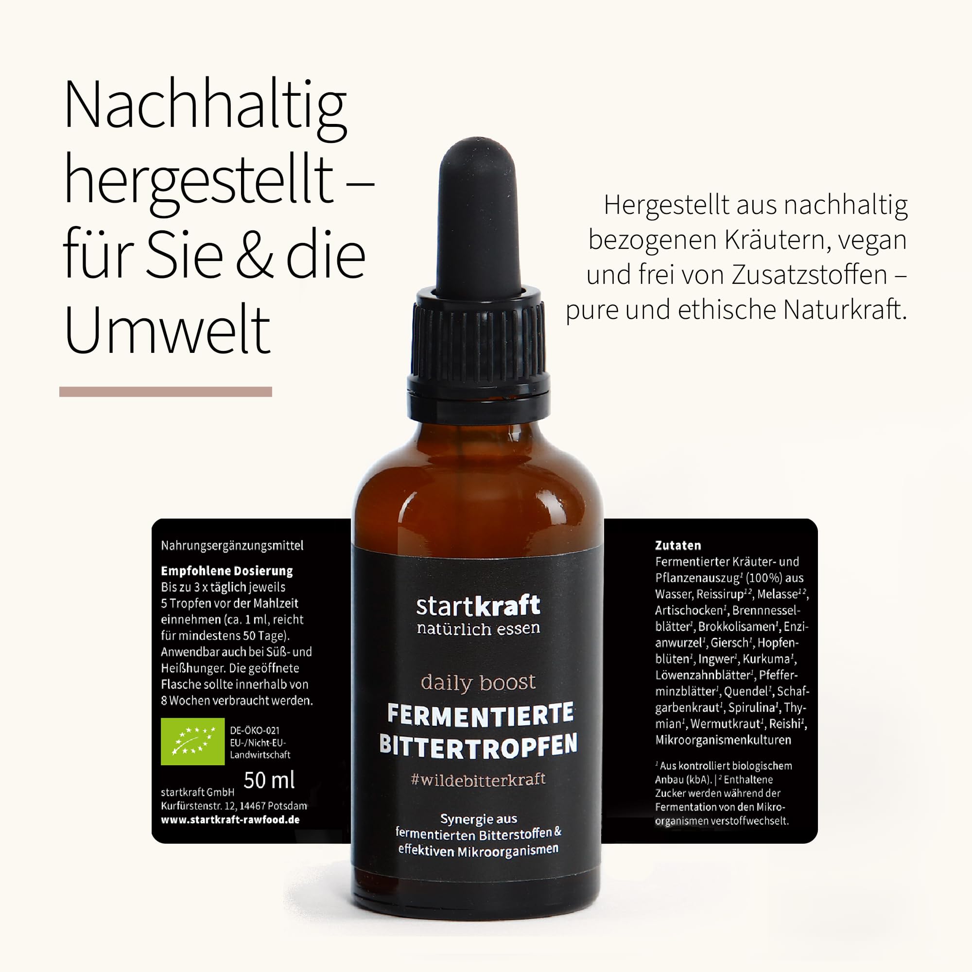 Bittertropfen ohne Alkoholzusatz 50 ml, Bitterstoffe Tropfen mit effektiven Mikroorganismen und fermentierten Wildkräutern, aus frischen Zutaten, nicht sterilisiert, vegan und glutenfrei