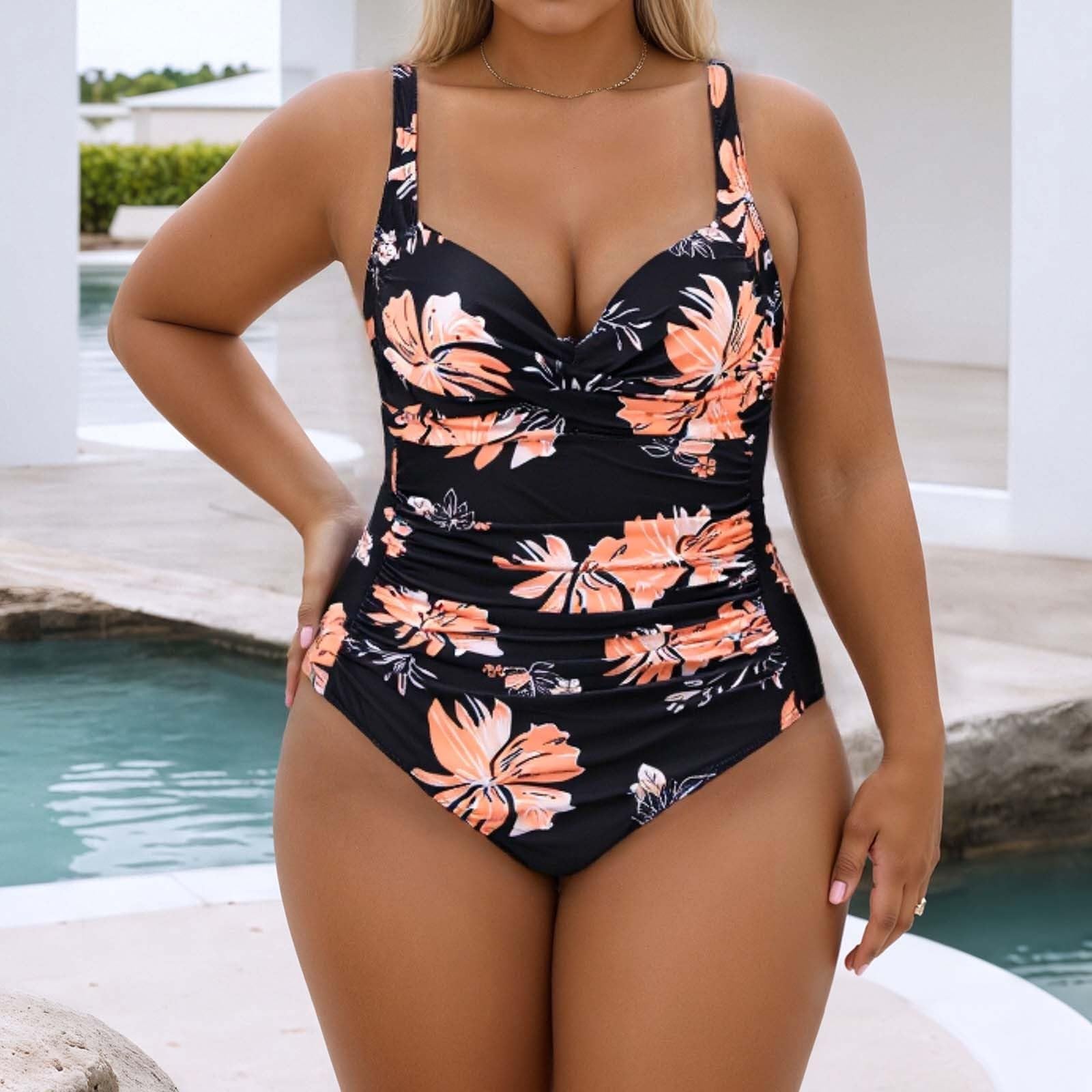 Stroje Kąpielowe Plus Size Dla Kobiet Strój Kąpielowy Głęboki Dekolt Odpinany Biustonosz Podtrzymujący Kostiumy Na Letnie Wakacje Przyjęcie Przy Basenie, Pomarańczowy, S
