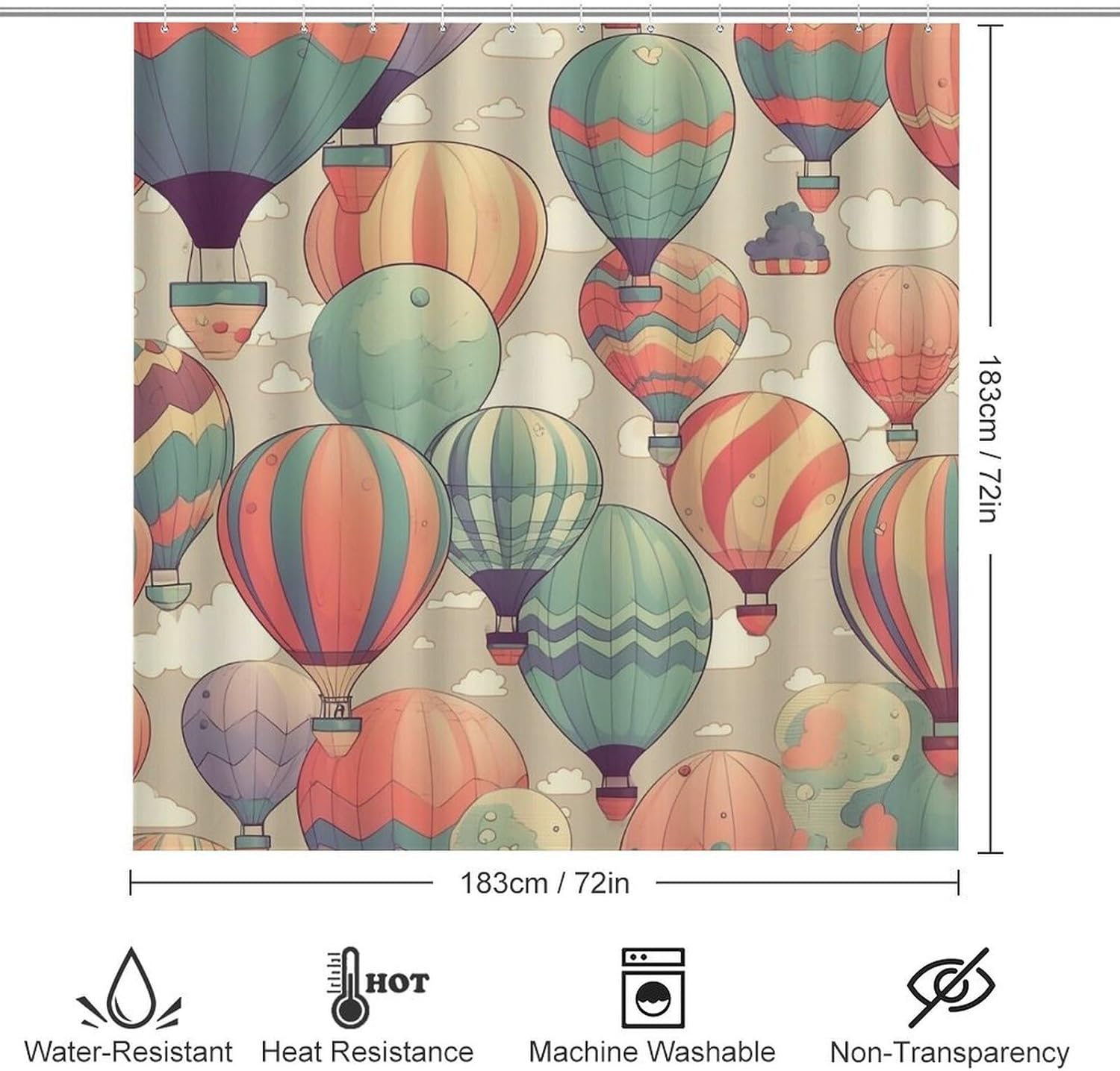 Colorful Hot Air Balloon 4 Piece Bathroom Set with Shower Curtain - Includes Bath Mat U-Shaped Mat Toilet Lid Cover and Waterproof Curtain Non-Slip Mat