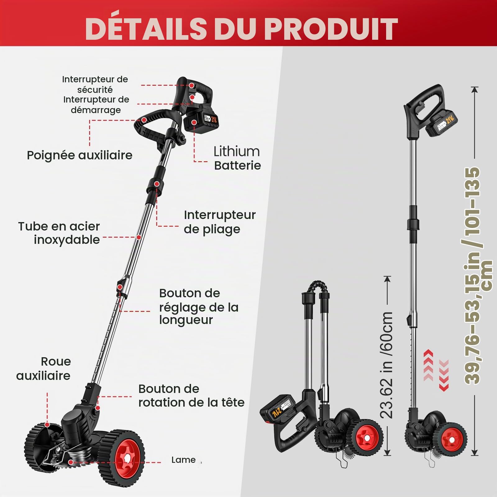 Débroussailleuse Électrique Sans Fil 21V, Coupe-Bordure avec 2 x 3.0Ah Batterie, 3 Types de Lames, Tige Télescopique, Faible Bruit, Pliante
