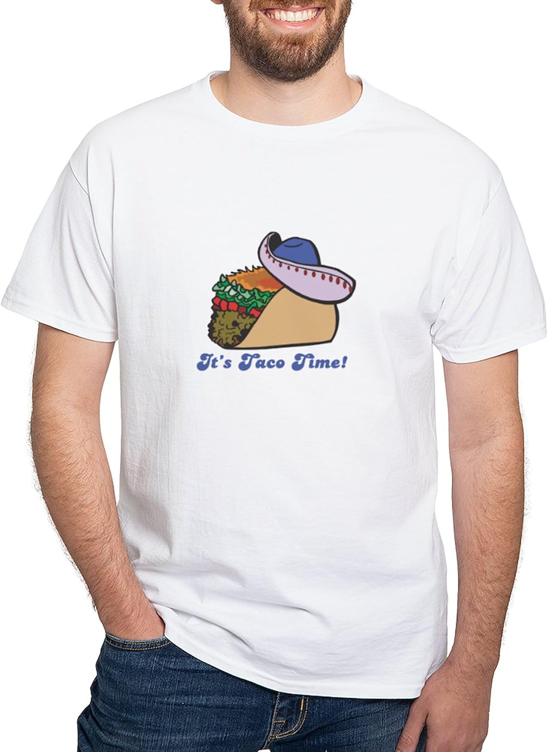 CafePress Taco Time (Taco with Sombrero) White T Shirt Men's 100% Cotton, Classic Graphic White T-Shirt