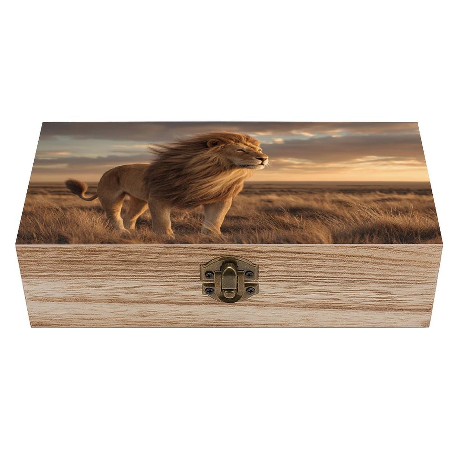 asbwuo Majestic Lion Open Grassland Wooden Storage Box with Hinged Lid