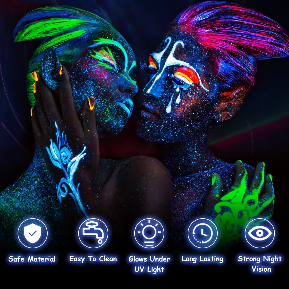 LOPHE Farba do twarzy dla dzieci, zestaw do malowania twarzy 6*30 ml, neonowa farba do twarzy z lampą UV, fluorescencyjne farby do twarzy i ciała, hipoalergiczny, makijaż UV Halloween Festival (zestaw