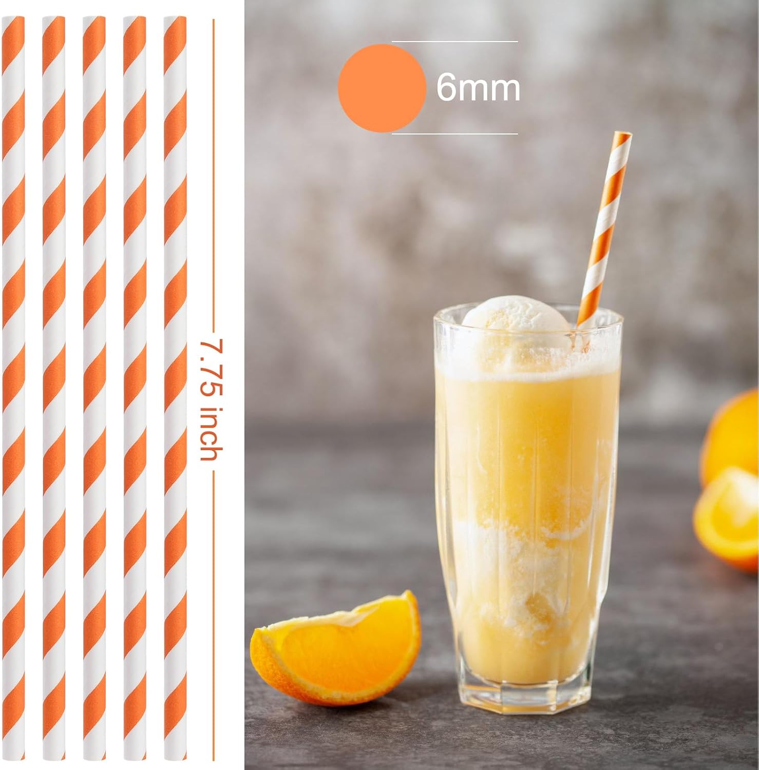 ALINK 100 Orange and White Striped Paper Straws, Biodegradable Disposable Drinking Straws for Halloween, Bridal Shower, Brithday, New Year, Party Decoration Supplies