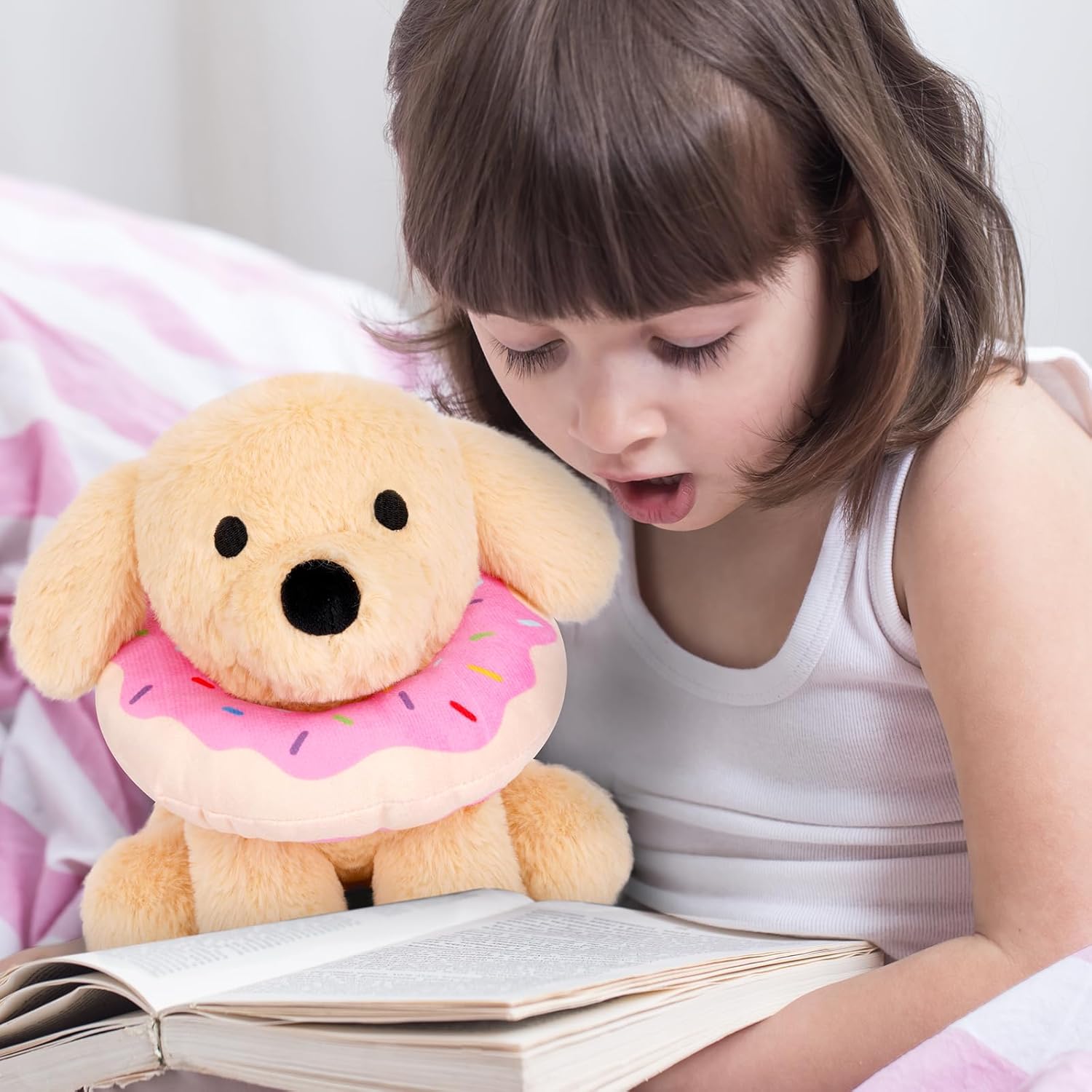 Labradoodle Dog Plush Toy, 8inch Dog Stuffed Animal with Removable Donut for Toddler Boys Girls, Super Soft Puppy Stuffed Cute Plushies for Kids Valentines Birthday Gifts